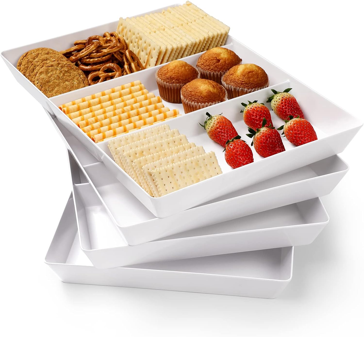 4 Pack, 16 x 11, 3-Section Large White Serving Trays Set - Reusable Plastic Serving Platters for Party Food, Cookie, Appetizer, Charcuterie, Snack, Dessert Display, Stackable Kitchen Dish, BPA Free