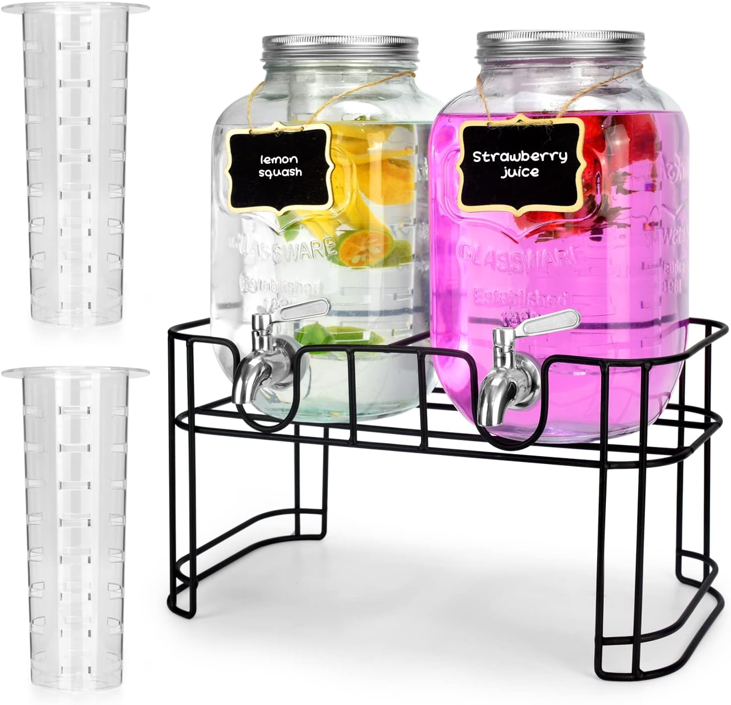 1 Gallon Glass Drink Dispensers For Parties 2PACK.Beverage DispenserDrink Dispenser With Stand And Stainless Steel Spigot 100% Leakproof.Glass Drink Dispenser With Ice Cylinder. Lemonade