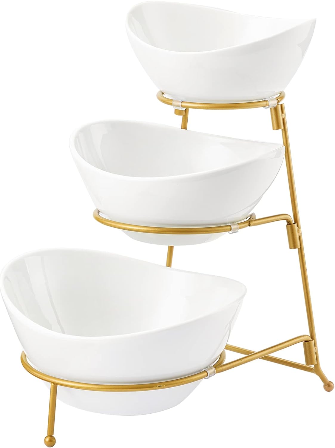 HBlife 3 Tier Oval Bowl Set with Metal Rack, Ceramic Fruit Bowl Serving, Tiered Serving Stand for Dessert Appetizer Cake Candy Chip Dip (Gold)