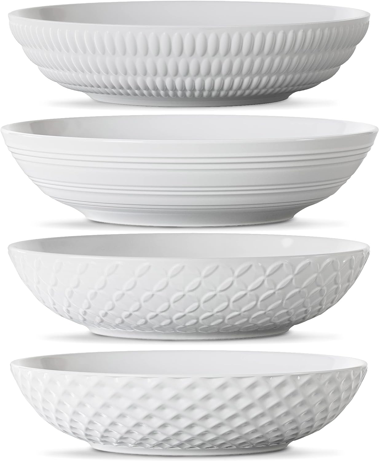 Set of 4 White 34oz Porcelain Dinner Bowls - Dishwasher-Safe Textured 8.5 Bowls For Soup, Pasta, Cereal