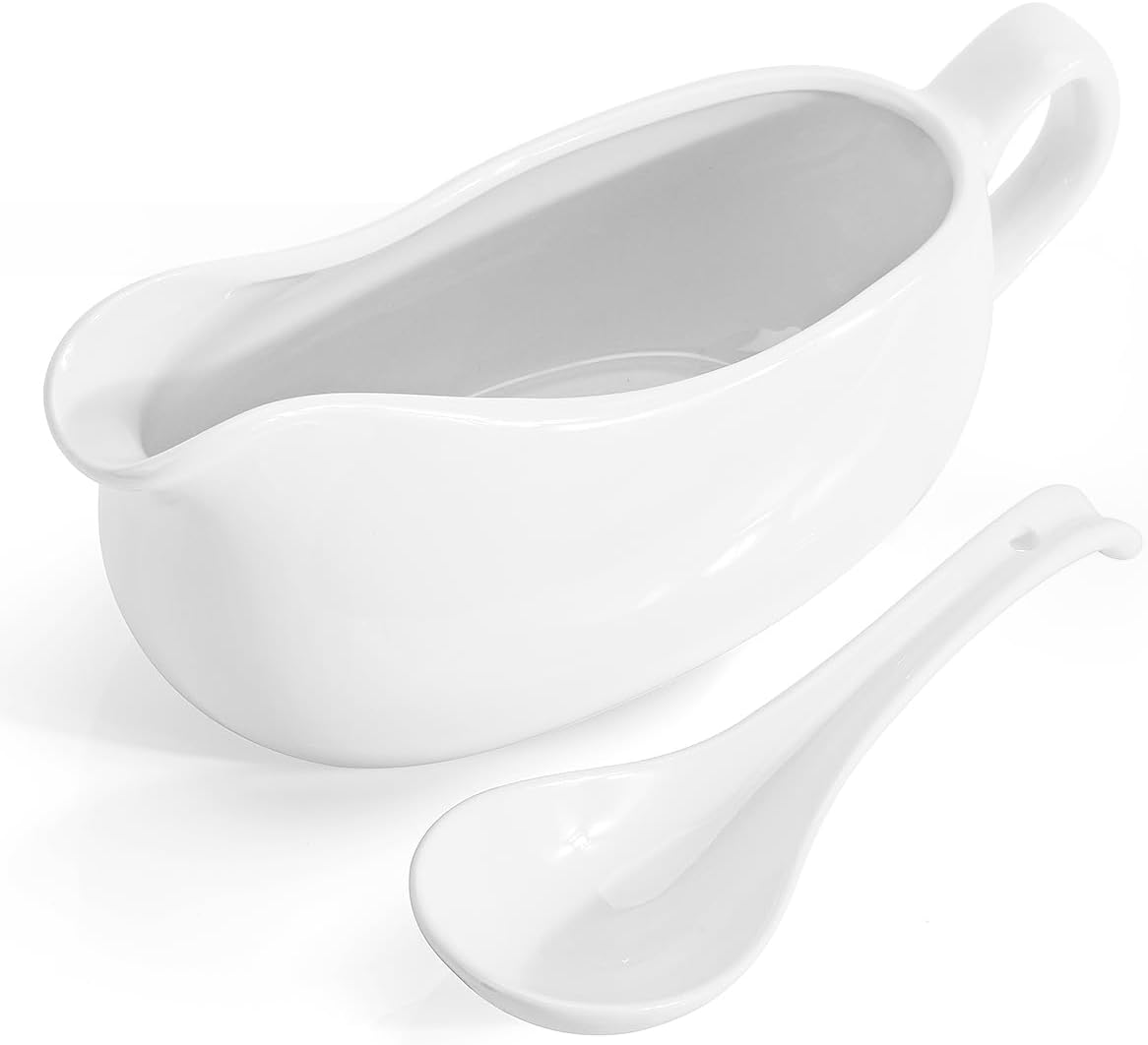 14OZ Gravy Boat with Depth Spoon, Ceramic Sauce Serving Dish, Easy-Pour Big Dripless Lip Spout Serveware Set For Salad Cream Milk Broth Black Pepper Pumpkin Thanksgiving (14 OZ)