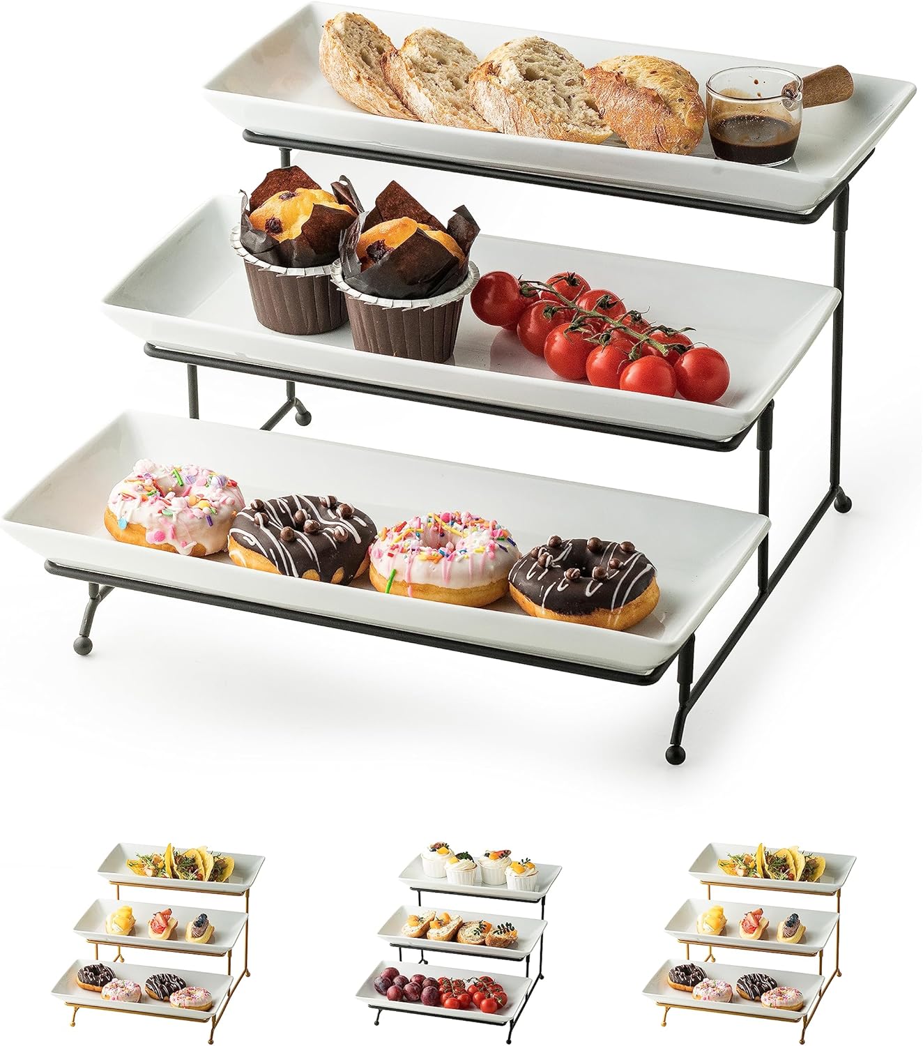 3 Tier Serving Tray, Serving Tray with Serving Dishes for Entertraining Collapsible Sturdier Stand Large Serving Platters for Party Food Display Fruit, 14 Inches (Black)