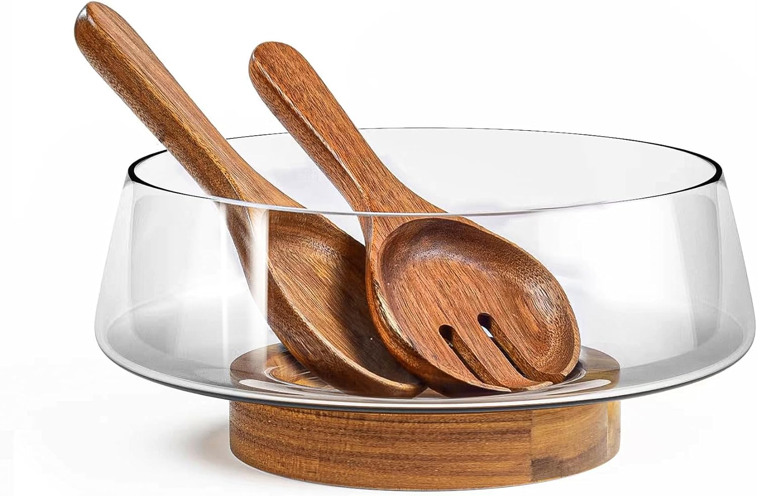 Extra Large Glass Salad Bowl Set - Salad Bowls for Party with Acacia Wood Base and Salad Serving Utensils - Elegant and Practical Kitchen Must-Have