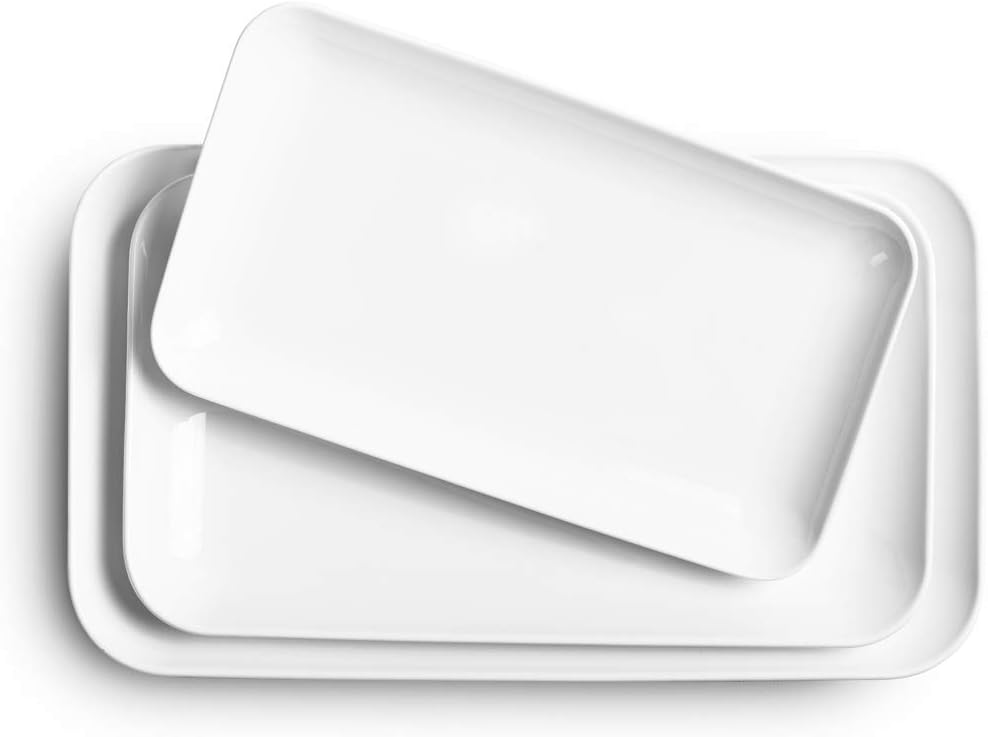 DELLING Large Serving Platter Set 16/14/12inch Large Serving Tray - Rectangular White Serving Trays for Party, Sushi, Oven Safe Dinnerware Set of 3, White