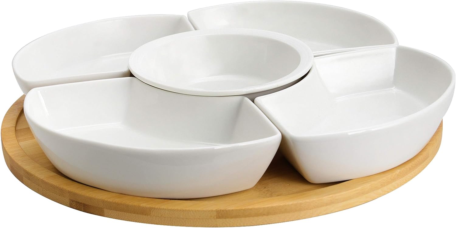 Elama Ceramic Stoneware Condiment Appetizer Set, 6 Piece, Compartment Round in White and Natural Bamboo