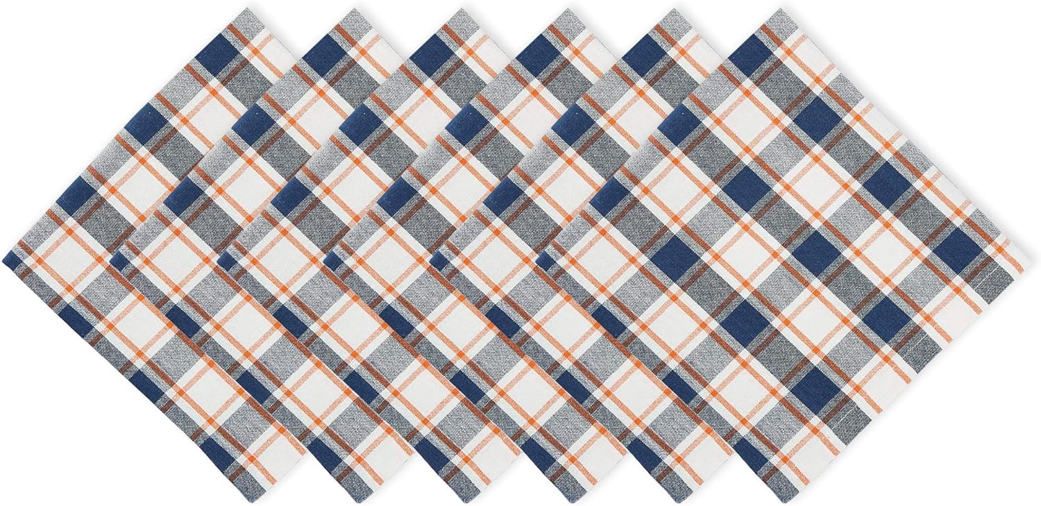 DII Thanksgiving & Fall Table Decoration Autumn Farmhouse Plaid, Napkin Set, 20x20, Blue & Orange, 6 Count