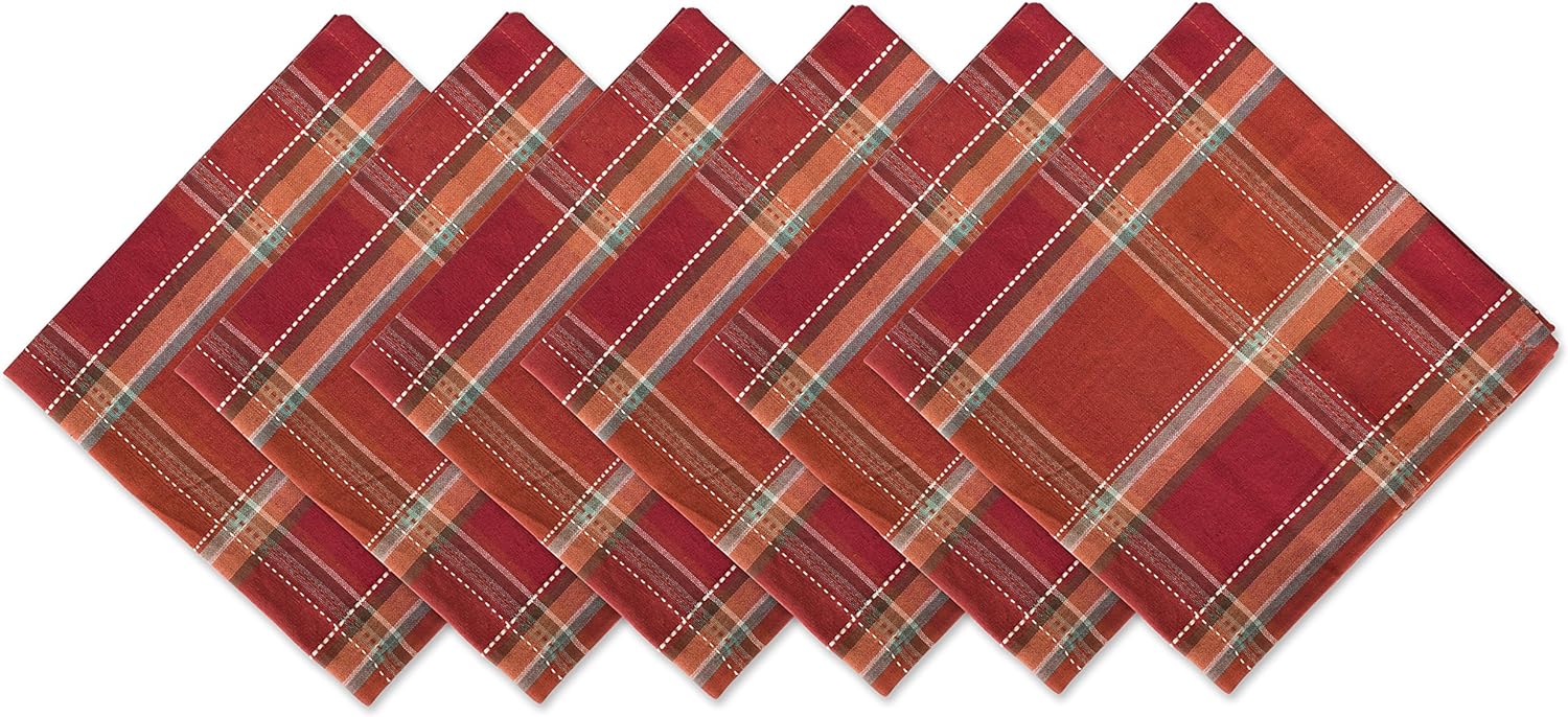 DII Autumn Pumpkin Spice Kitchen Collection Fall/Thanksgiving Cotton Table Dcor, Square Napkin Set, 20x20, Orange Plaid, 6 Piece