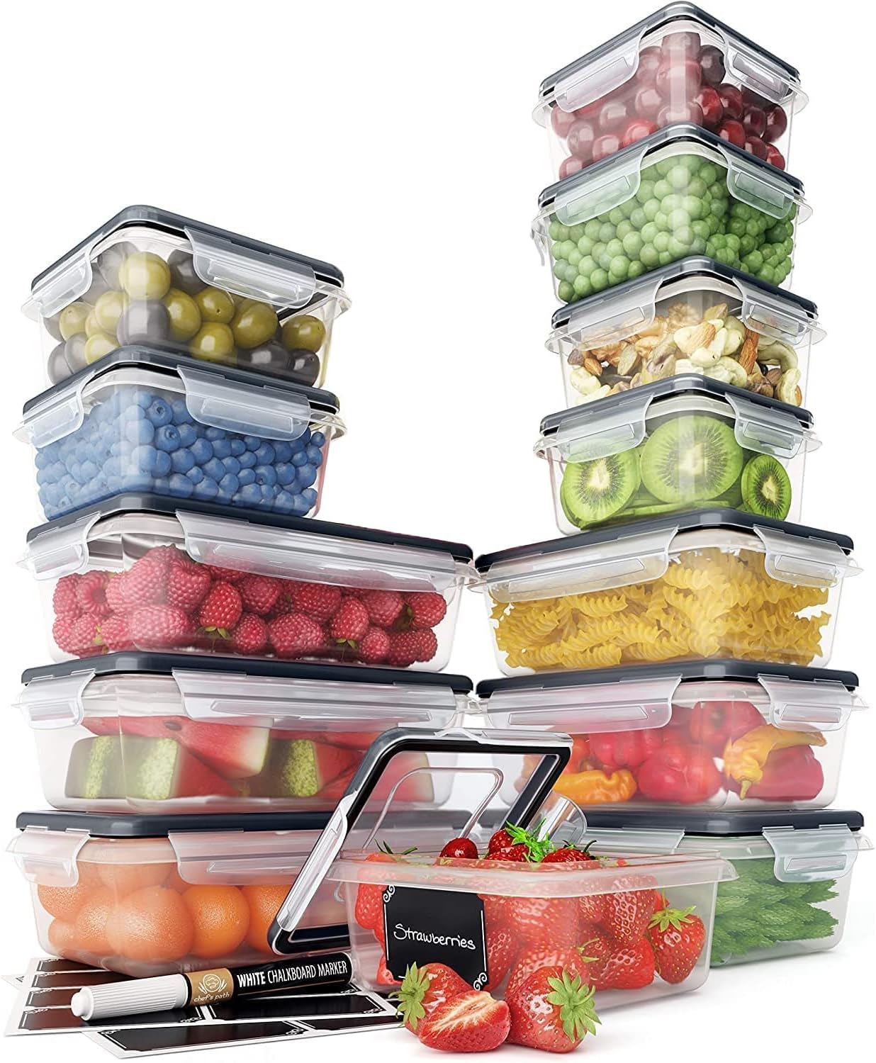 Chef' Path 28 Piece Food Storage Containers Set with 14 Easy Snap Lids   14 Airtight Containers for Pantry & Kitchen Organization -Plastic, BPA-Free with Free Labels & Marker