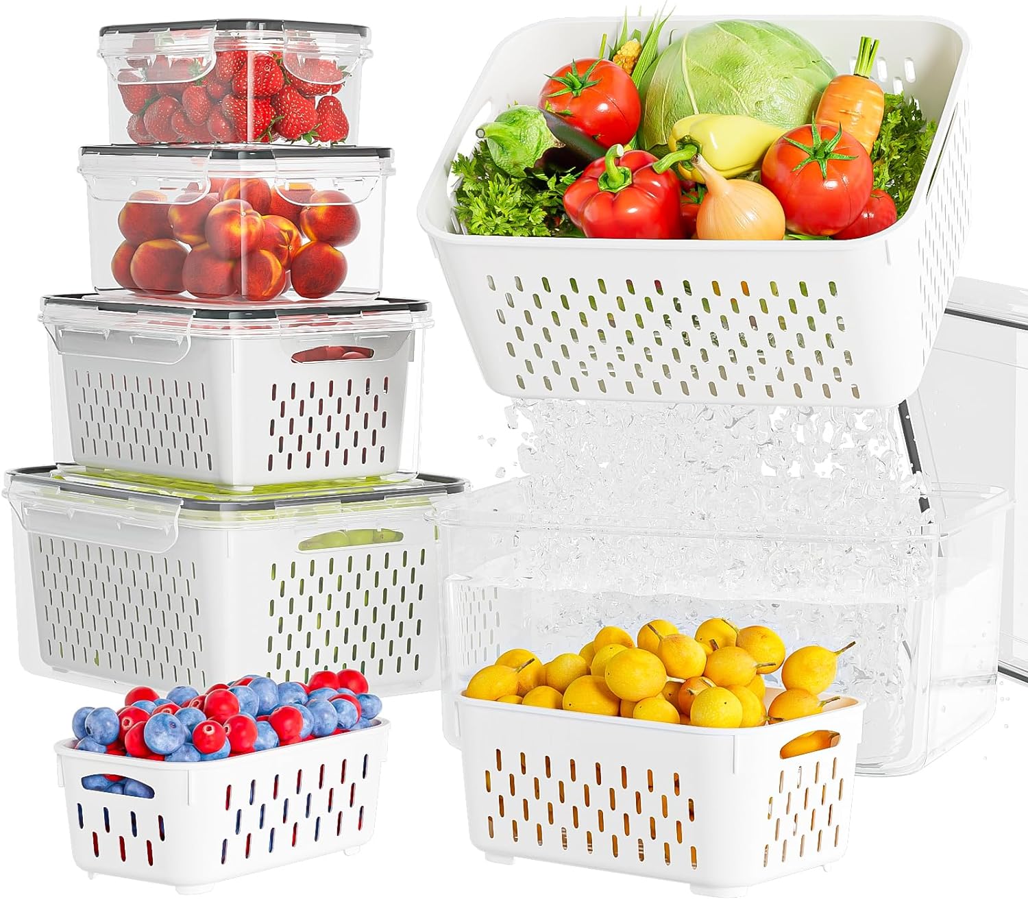 5 Pack Fruit Storage Containers for Fridge with Removable Colanders - Food Storage Containers with Lids, BPA-Free Produce Containers Keep Fruits, Vegetables, Berry, Meat Fresh Longer