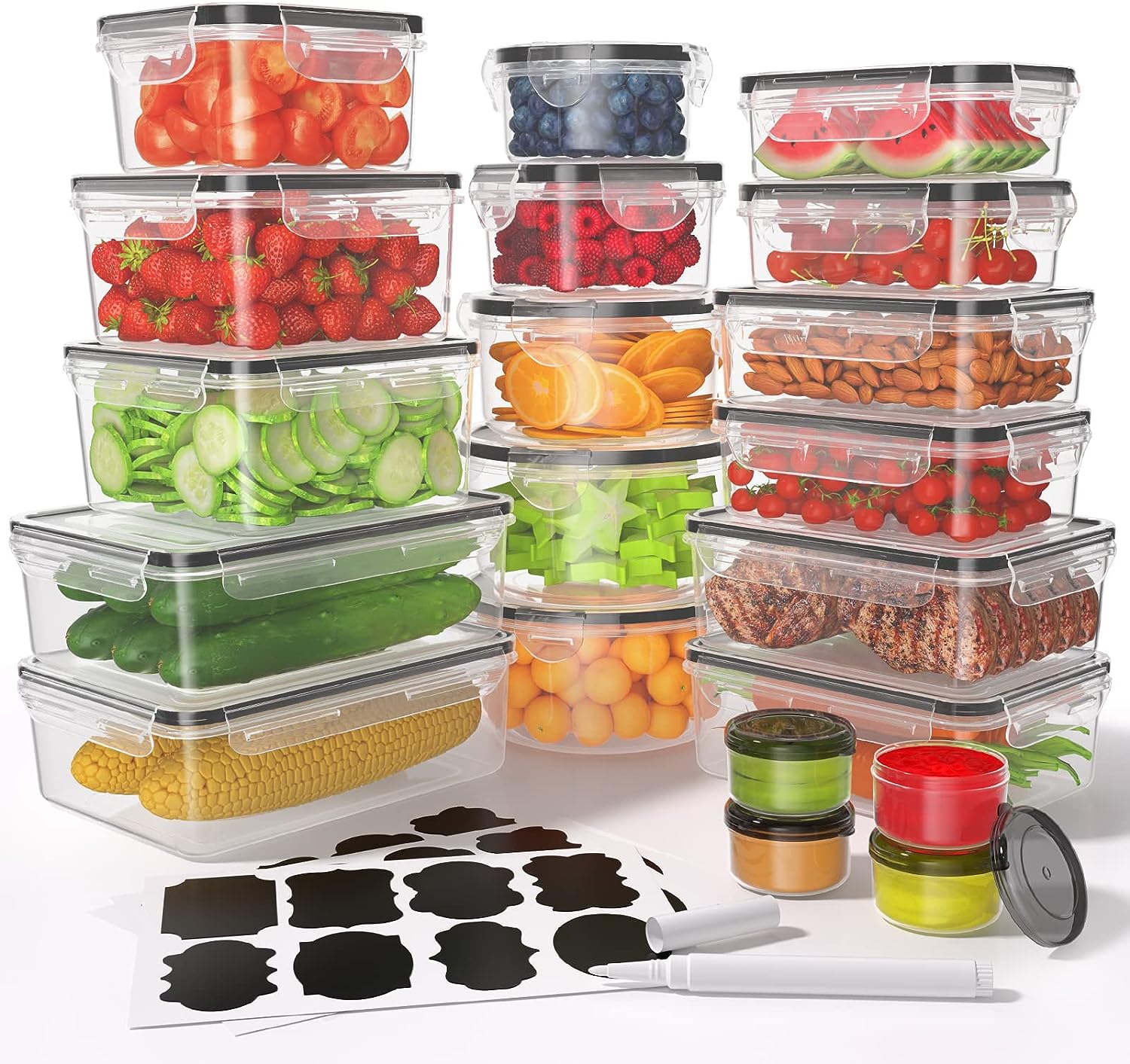 40 Pcs Food Storage Containers with Lids Airtight (20 Containers & 20 Lids), Plastic Meal Prep Container for Pantry & Kitchen Organization, BPA-Free, Leak-Proof with Labels & Marker Pen