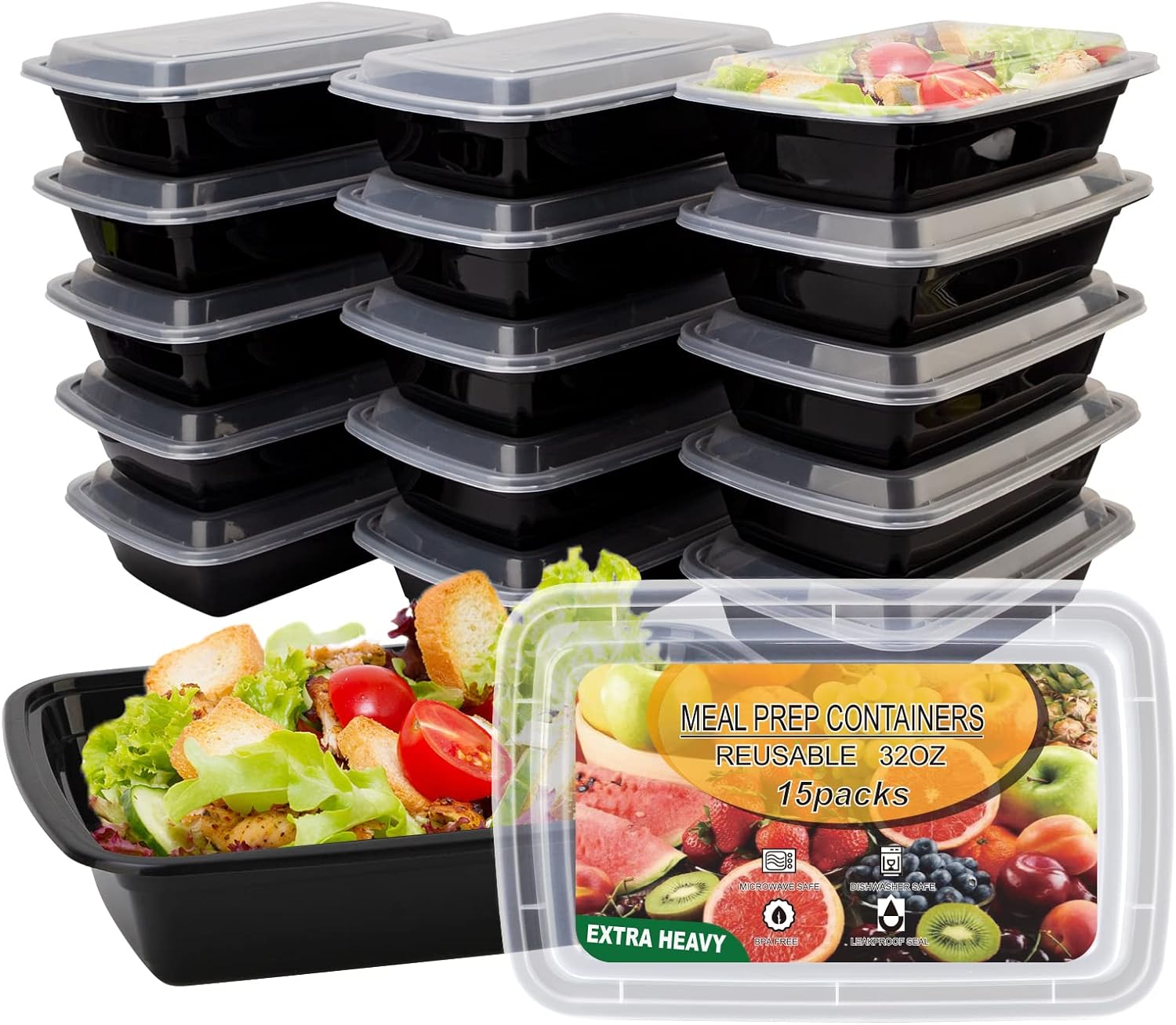 15 Pack- Meal Prep Containers 32oz, Plastic Food Prep Containers with Lids, Leakproof To Go Containers with Lids Reusable Food Containers, BPA-Free, Microwave/Dishwasher/Freezer Safe