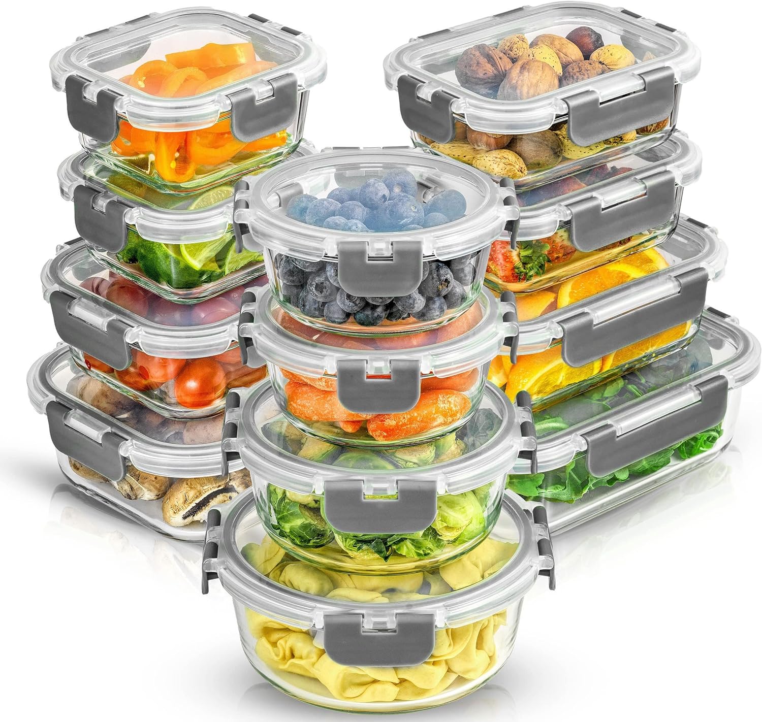 JoyJolt JoyFul 24pc Borosilicate Glass Storage Containers with Lids. 12 Airtight, Freezer Safe Food Storage Containers, Pantry Kitchen Storage Containers, Glass Meal Prep Container for Lunch