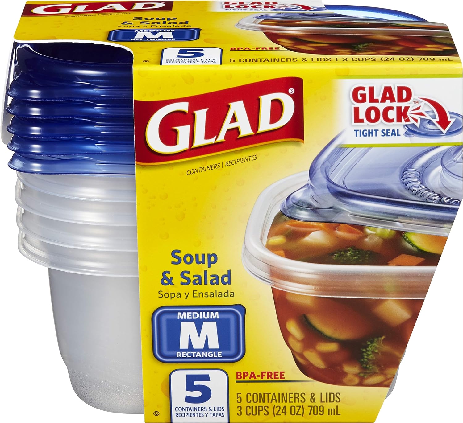 GladWare Soup & Salad Food Storage Containers for Everyday Use | Medium Rectangle Containers for Food Storage | Containers Hold up to 24 Ounces of Food, 5 Count Set