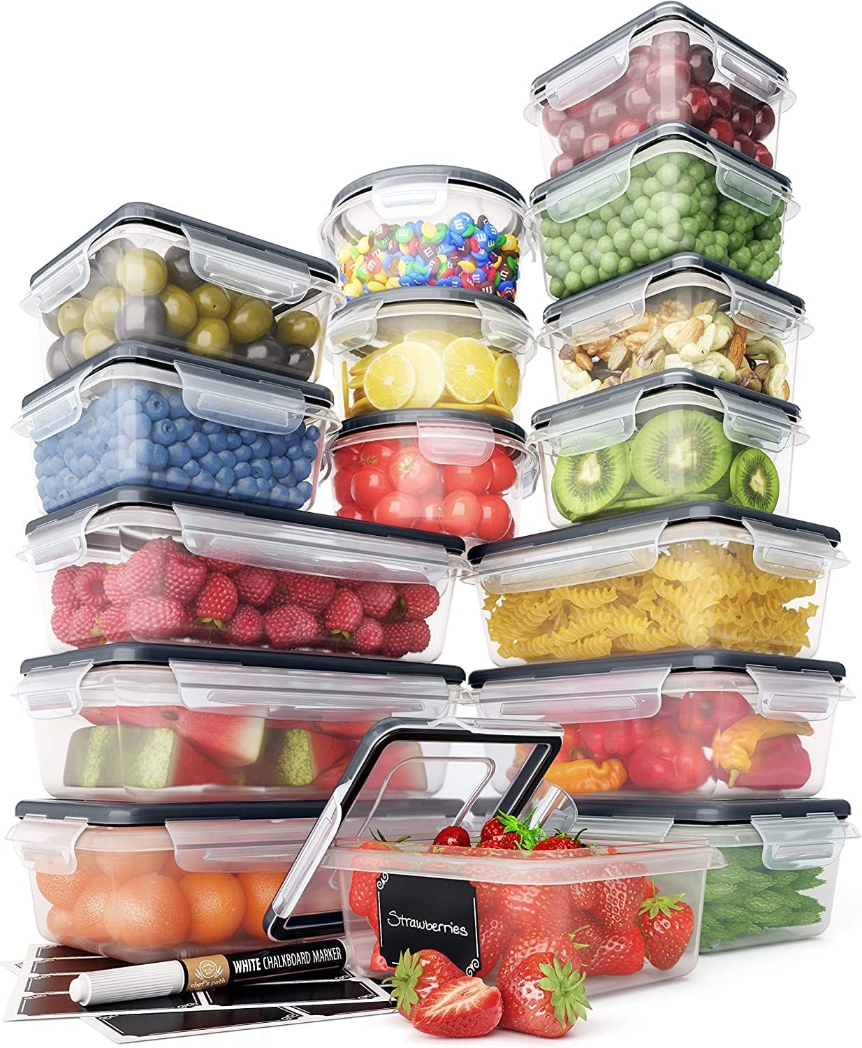 32 Piece Food Storage Containers Set with Easy Snap Lids (16 Lids   16 Containers) - Airtight Plastic Containers for Pantry & Kitchen Organization - BPA-Free with Free Labels & Marker