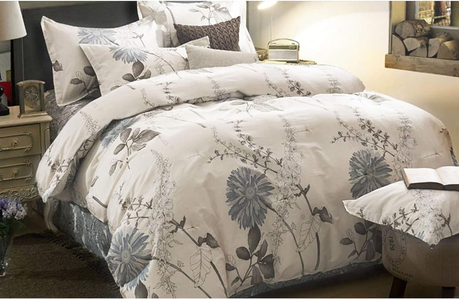 Wake In Cloud - Floral Comforter Cal King, Cotton Fabric 3 Piece Bedding Set for Women, Grey Beige Ivory Cream Off White Vintage Shabby Chic Flower Coquette Cottagecore Aesthetic, California King Size