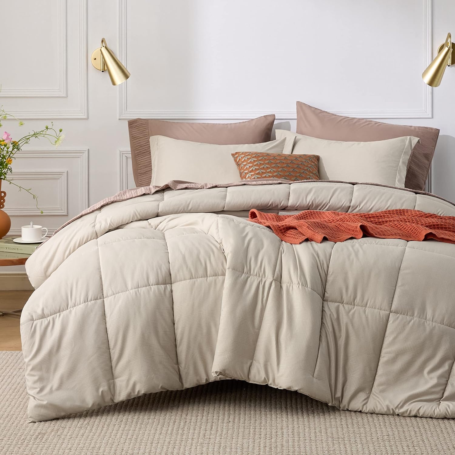 Bedsure Twin/Twin Extra Long Comforter Set - Beige Basket Weave Down Alternative Comforter Set Twin/Twin XL Size, Lightweight All Season Bedding Set with 1 Pillow Sham