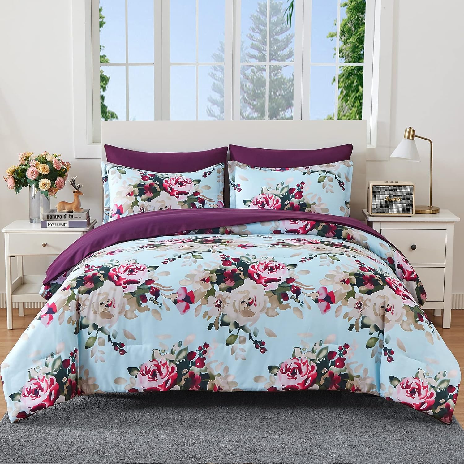 inron 7 Piece Bed in a Bag,Floral Comforter Set King Size, Watercolor Blooms Print Design,All Season Bedding Set with Comforter,Pillow Shams,Flat Sheet,Fitted Sheet, Pillowcases(Blue Flower,King)