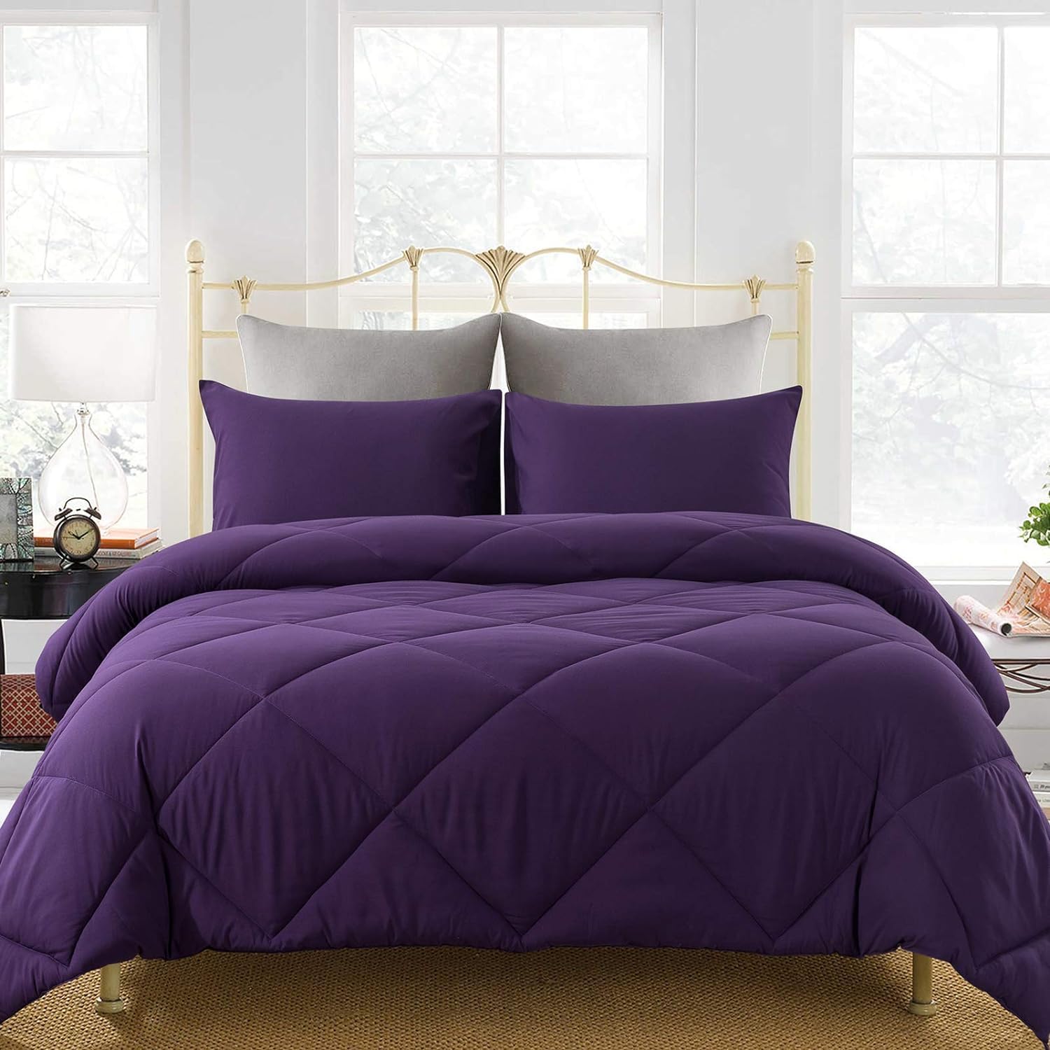 Decroom Lightweight Full Comforter Set with 2 Pillow Sham - 3 Pieces Set - Quilted Down Alternative Comforter/Duvet Insert for All Season - Purple - Full Size