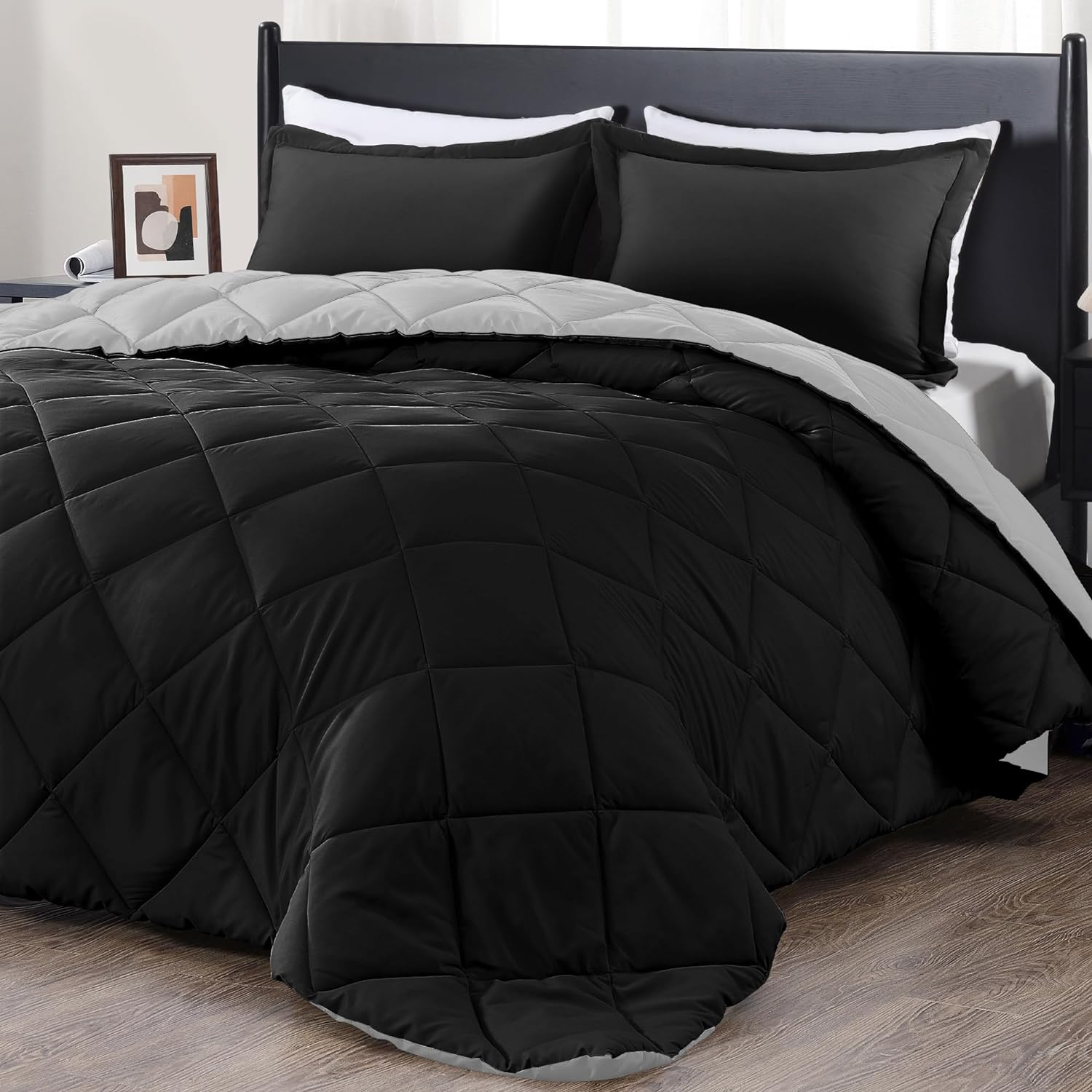 downluxe King Size Comforter Set - Black and Grey King Comforter, Soft Bedding Sets for All Seasons -3 Pieces - 1 Comforter (104x92) and 2 Pillow Shams(20x36)