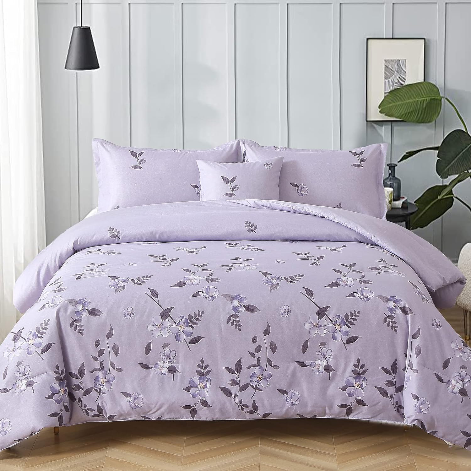 Purple Comforter Set King, 4 Pieces Botanical Bedding Set Plant Flowers Printed Comforter with 3 Pillow Shams for All Seasons