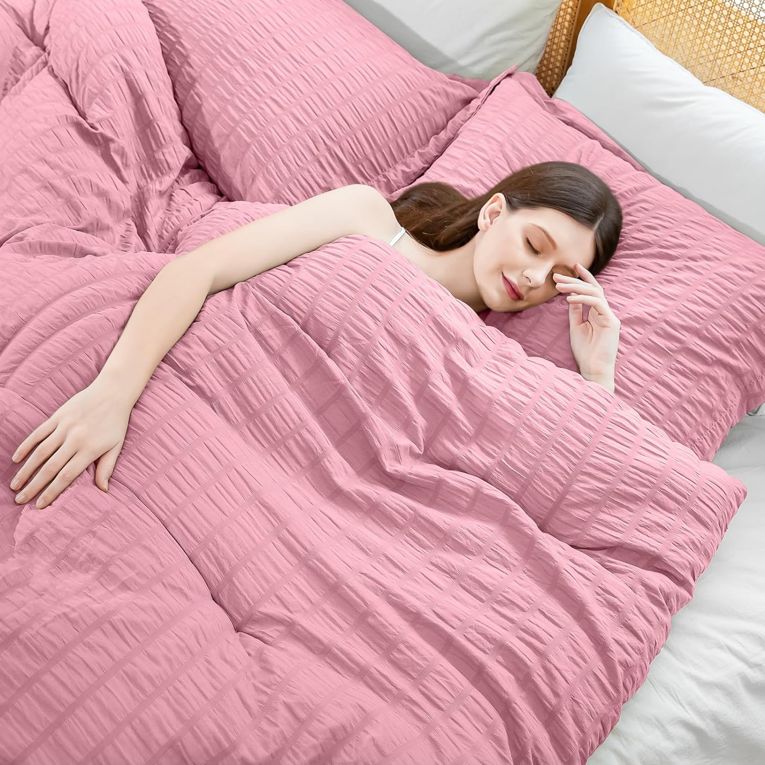 Cosybay Full Comforter Set - 3 Pieces Seersucker Bedding Comforter Set, Pink Down Alternative Comforter Set for All Season, 1 Comforter (82x86) and 2 Pillow Shams (20x26 2)