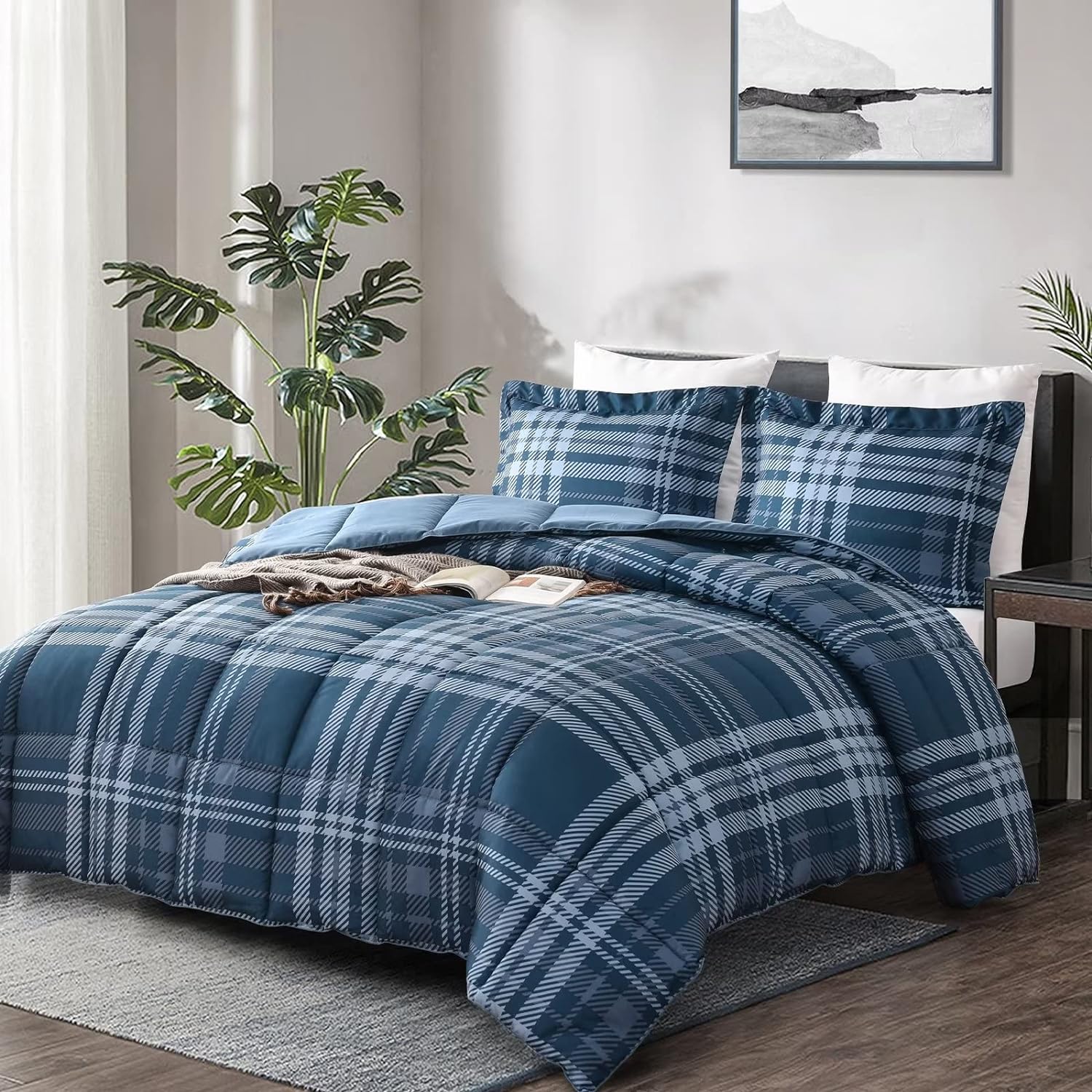 Homelike Moment Plaid Queen Comforter Set Navy, Lightweight Grid Comforters Queen Size Set, Soft Down Alternative Bed Comforter Full Size All Season Reversible 3 Pcs Bedding Set with 2 Shams