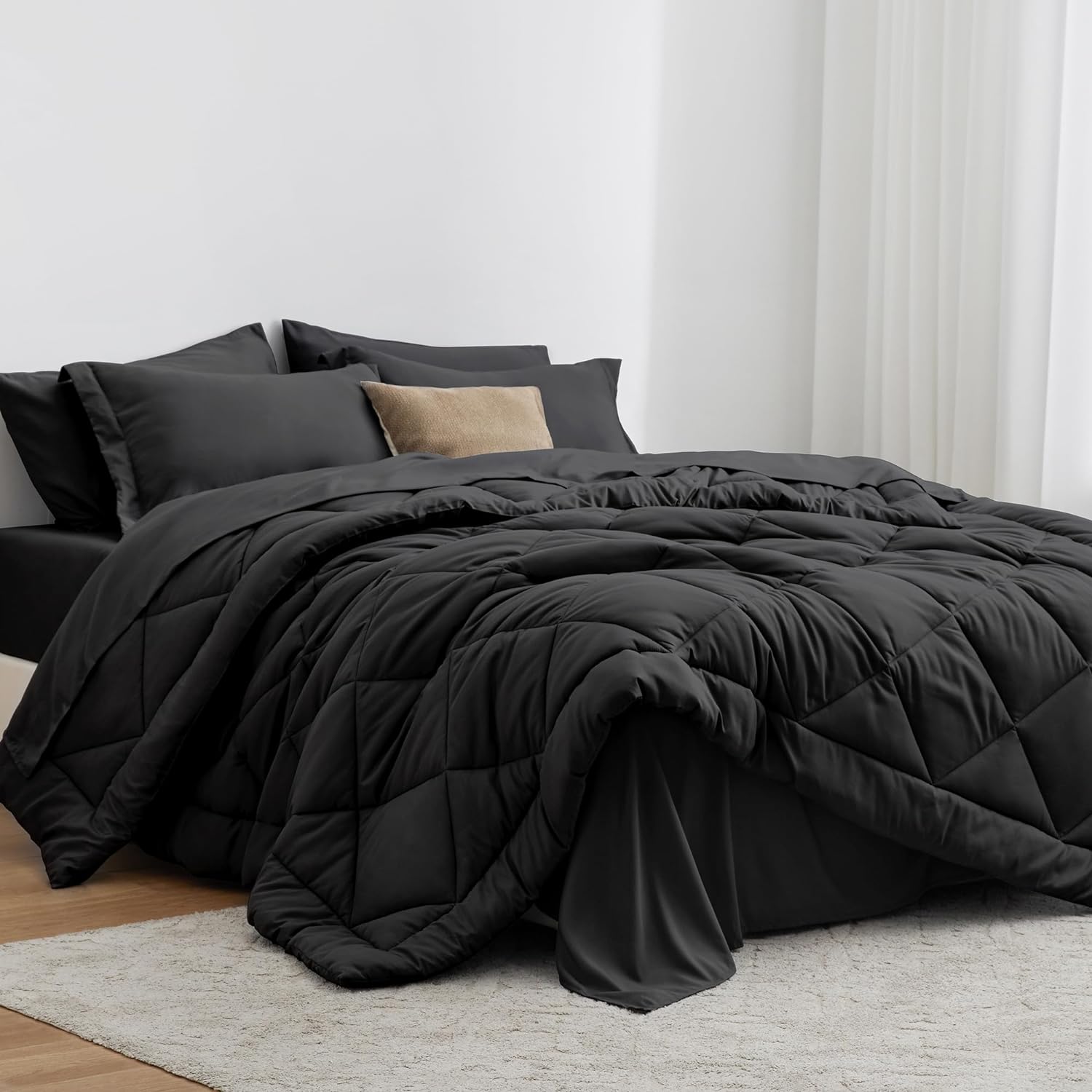 Love' cabin California King Comforter Set Black, 7 Pieces California King Bed in a Bag, All Season Bedding Sets with 1 Comforter, 1 Flat Sheet, 1 Fitted Sheet, 2 Pillowcase and 2 Pillow Sham