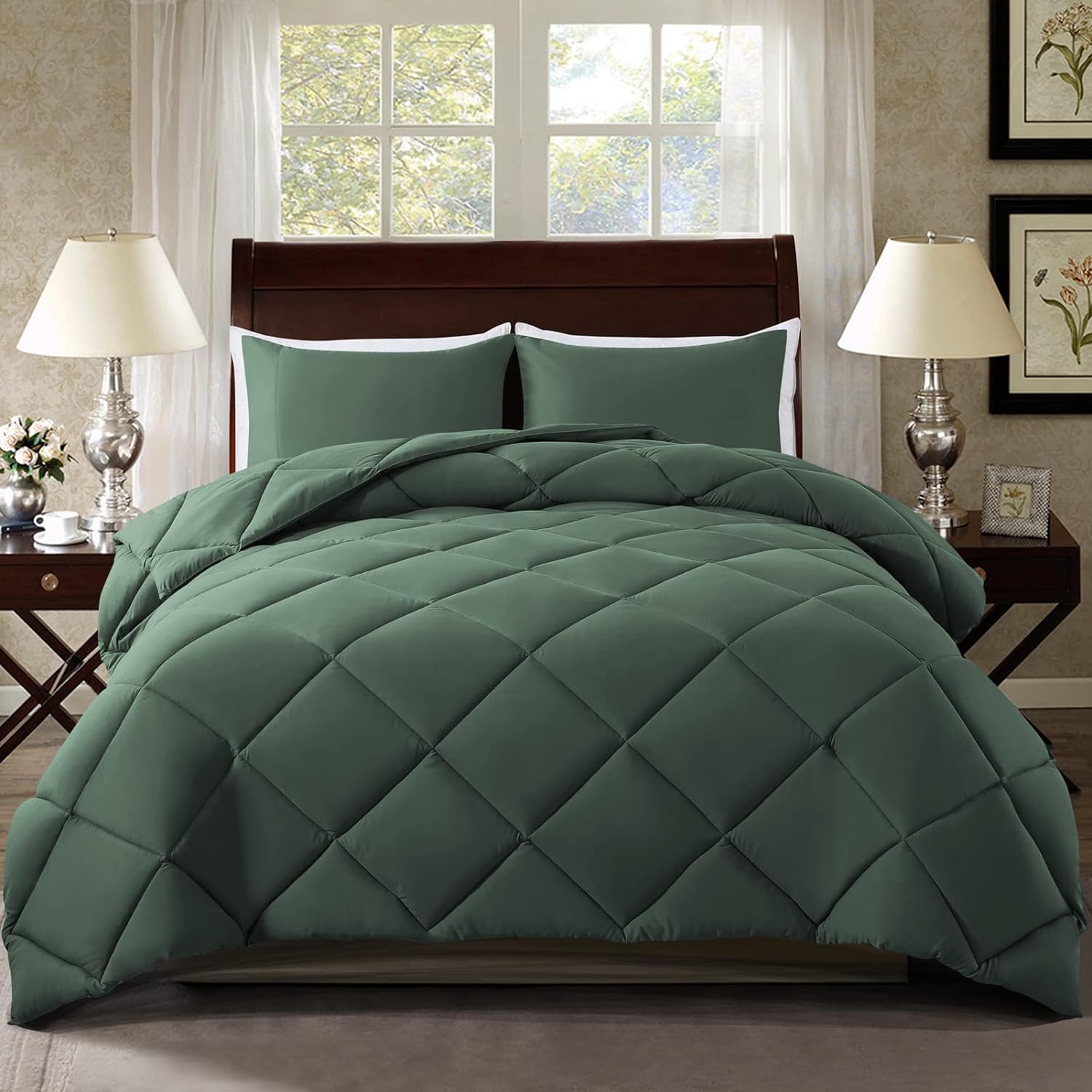 ELNIDO QUEEN King Green All Seasons Bedding Comforter Set - 3 Pieces with 2 Pillow Cases - Down Alternative Comforter Set, 102x90 inch