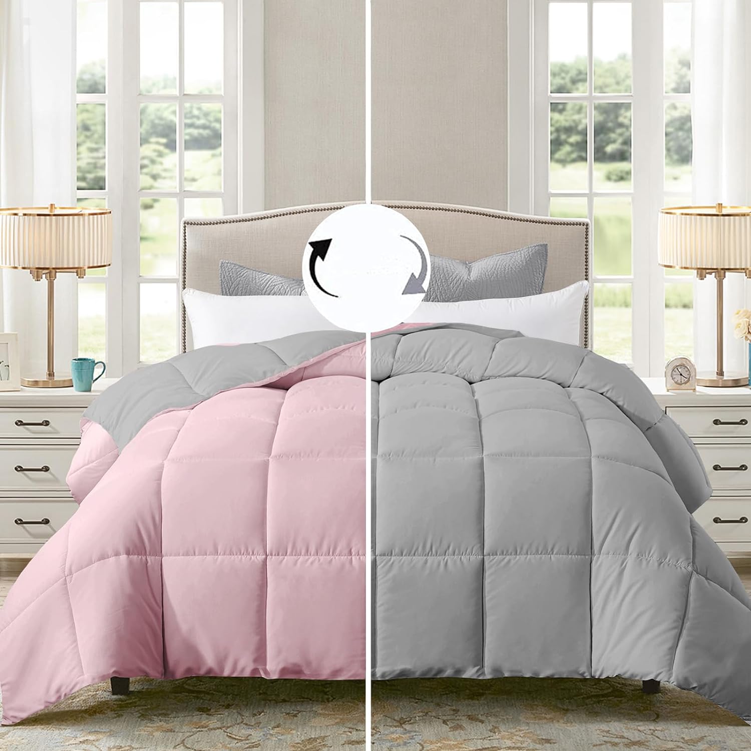 ELNIDO QUEEN King Comforter Duvet Insert - All Season Pink/Light Grey Quilted Down Alternative Comforter - Lightweight Hotel Bedding Comforter Winter Summer Reversible Fluffy King Size (10290 Inch)