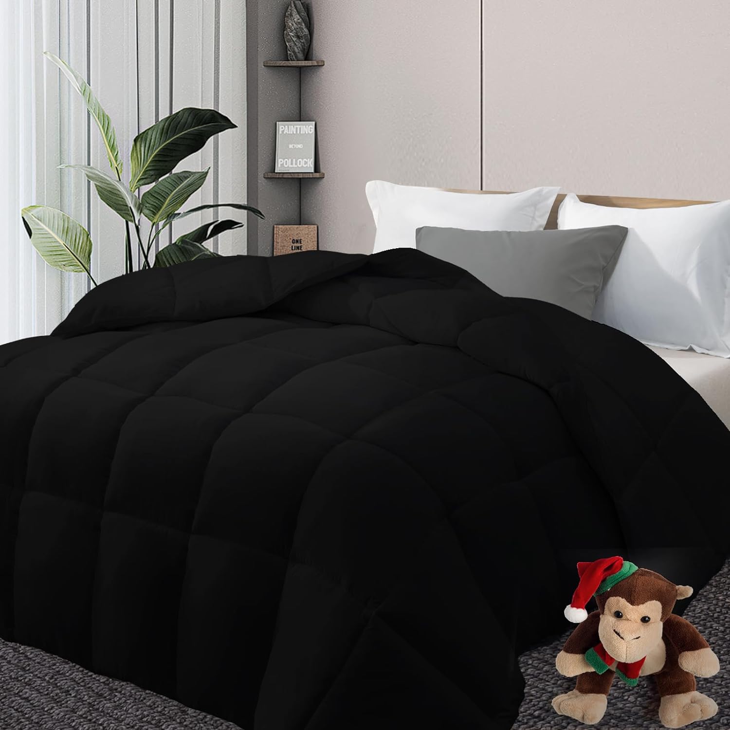 DOWNCOOL Comforters Queen Size, Duvet Insert,Black All Season Duvet, Lightweight Quilt, Down Alternative Hotel Comforter with Corner Tabs (Black, Queen 88x92 Inches)