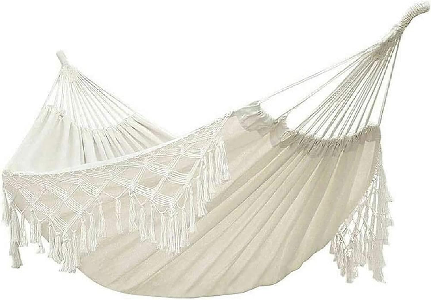 Xuanmuque Double Sized Boho Macrame Cream Hammock with Elegant Tassels and Fishtail Knitting 485Lbs Includes Tie Ropes and White Drawstring Bag for Women