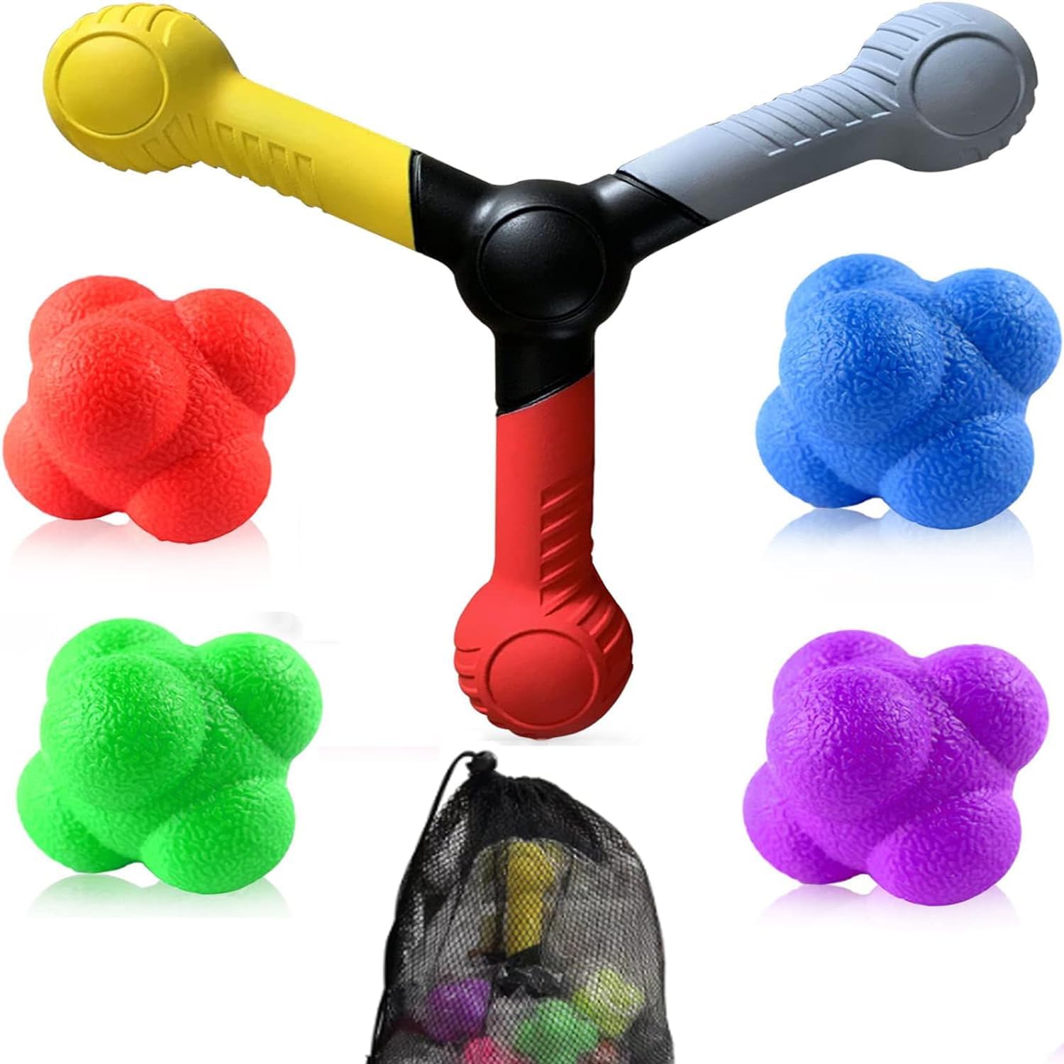 Reaction Speed Training Tools 5pcs Kit-Include 1 Hand Eye Coordination Stick, 4 Rubber Reaction Balls, Improve Reflex, Agility and Focus for Sports, Exercise and Fun for All Ages