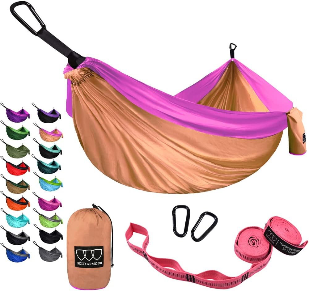 Gold Armour Camping Hammock - Portable Hammock Single Hammock Camping Accessories Gear for Outdoor Indoor Adult Kids, USA Based Brand (Peach & Pink)