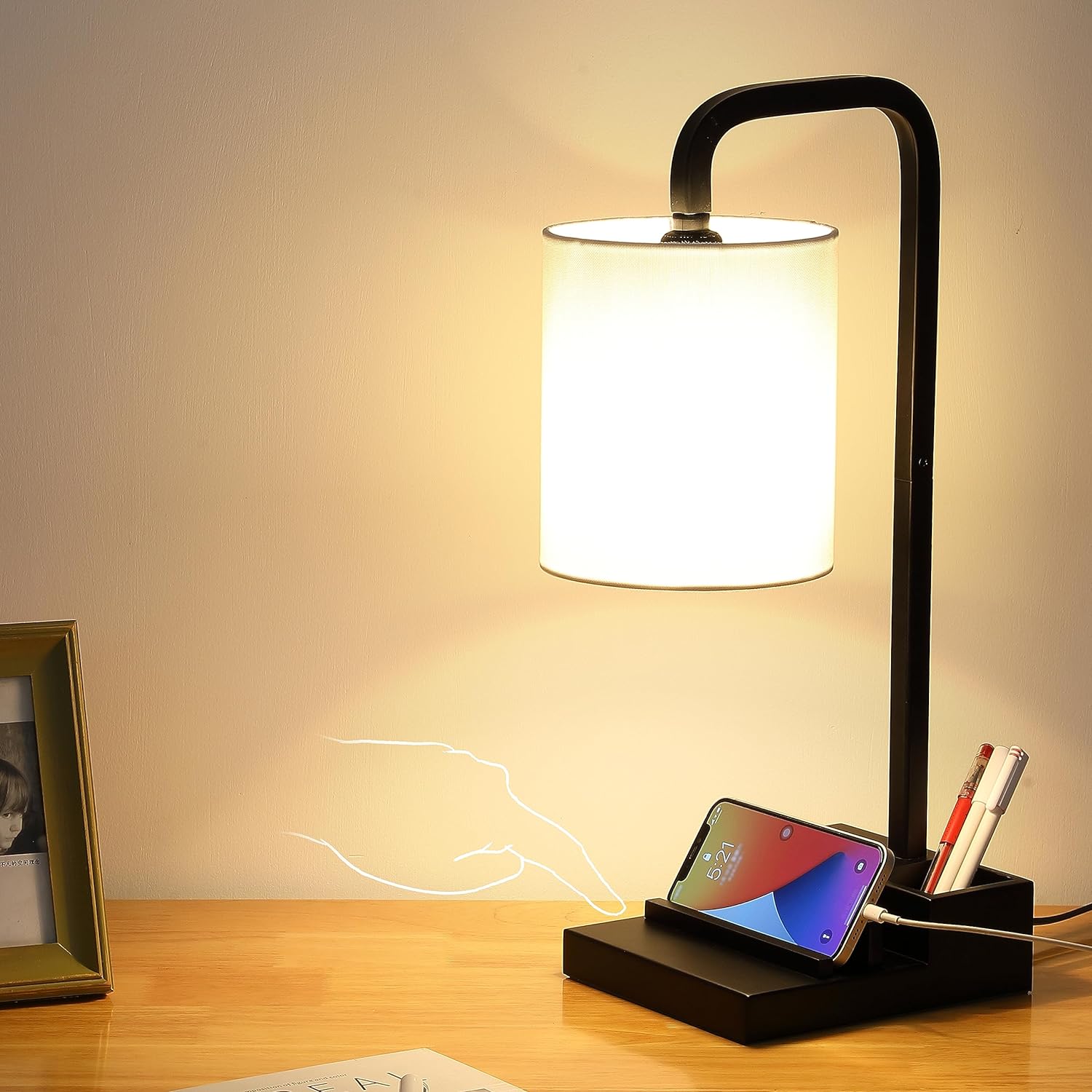 3-Way Dimmable Touch Control Lamps for Nightstand, Bedside Lamp with USB Ports & Outlet, Linen Shade, 2 Phone Stand & Pen Holder, Modern Desk Side Table Lamp for Bedroom Living Room Reading