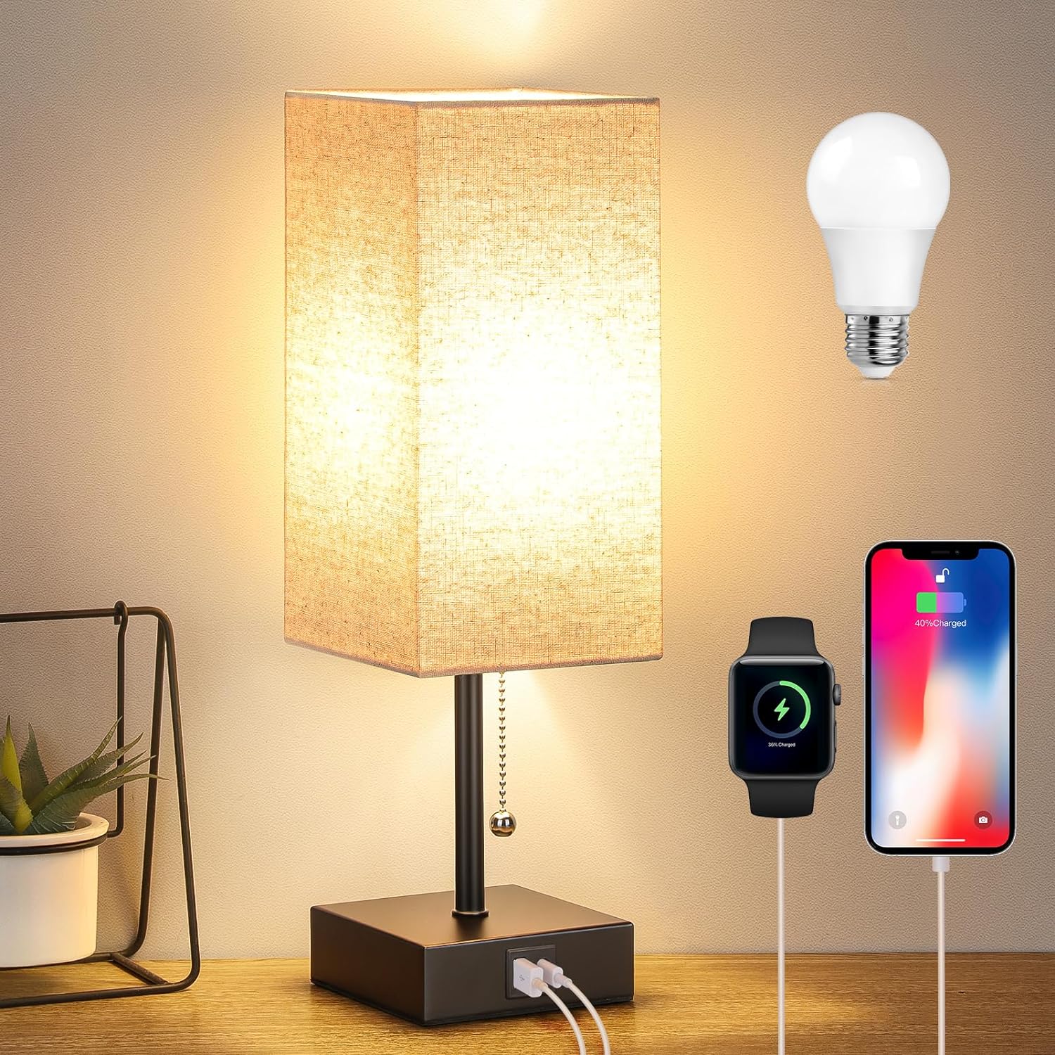 GGOYING Bedside Table Lamp, Pull Chain Table Lamp with USB C A Charging Ports, 2700K LED Bulb, Fabric Linen Lampshade, Nightstand Lamp for Livingroom Bedroom Office Reading Working