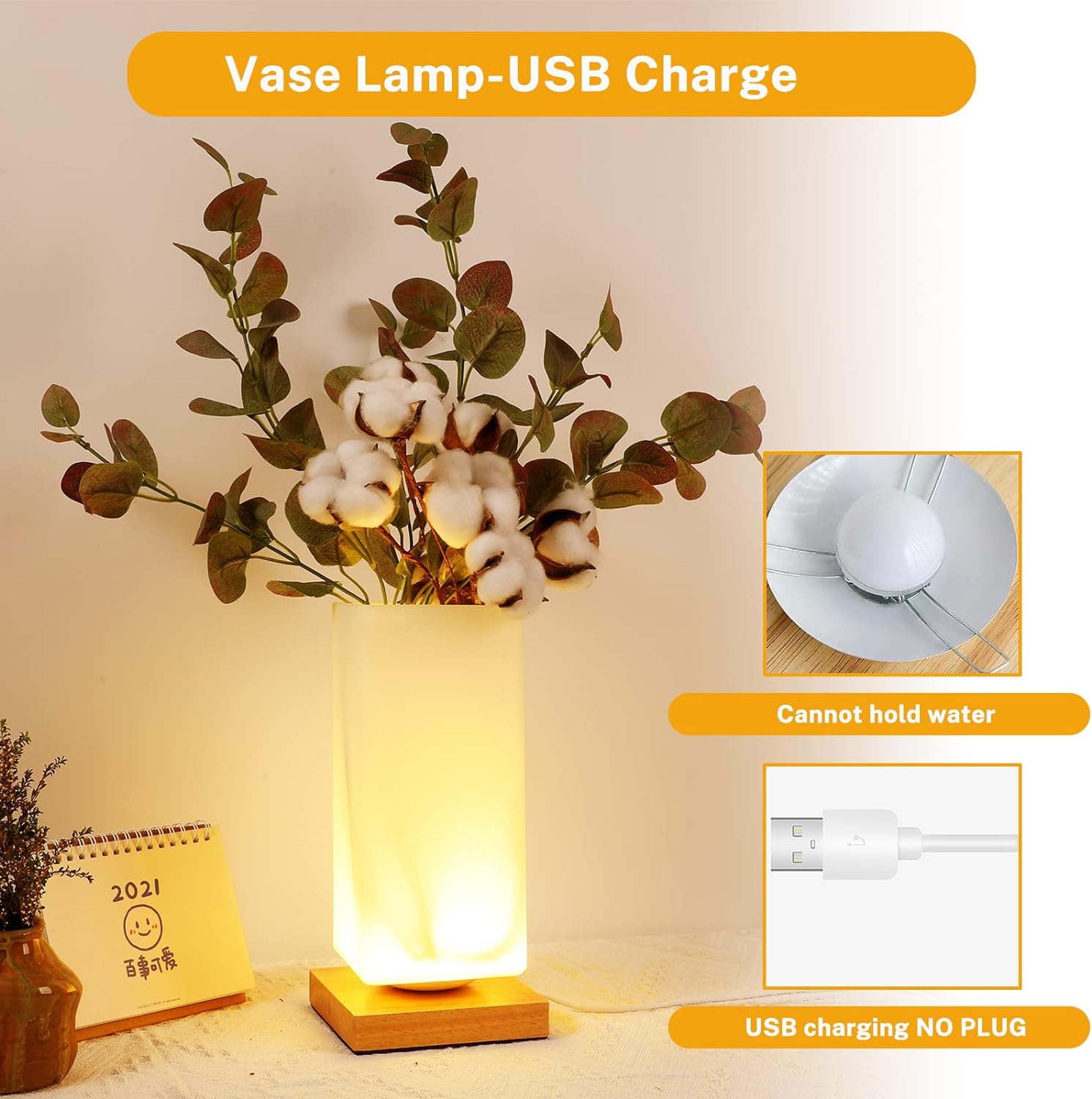 Vase Lamp Table Lamp USB Charge Flower Lamp Vase Table Lamp Dimmable Bedside Lamp Frosted Glass Shade with Wood Base for Bedroom Living Room Office Desk