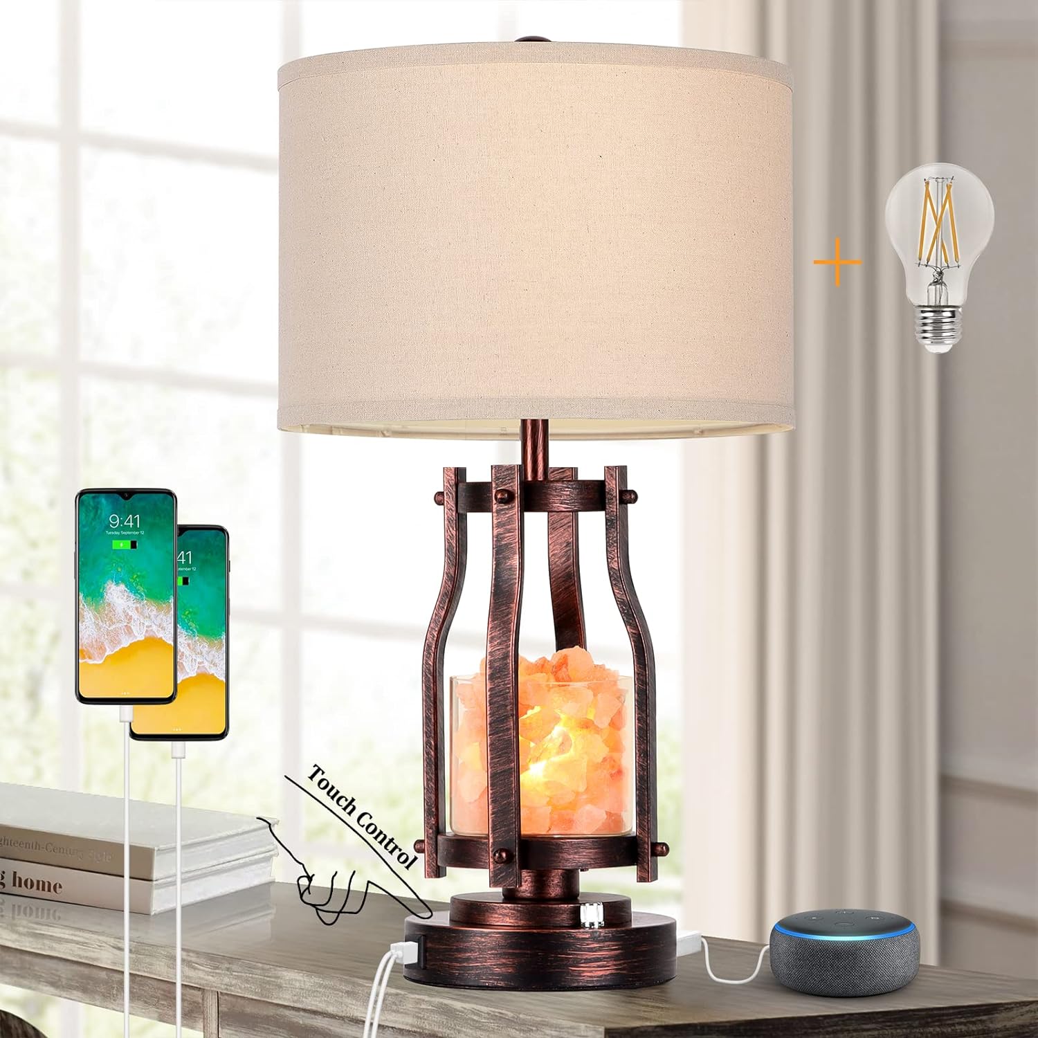 Dott Arts 2 in1 Farmhouse Table LampTouch Lamp with USB A C Ports & AC Outlets3 Way Dimmable Bedside Lamps with Salt lamp Nightstand Lamp for Bedroom,Night Light Table Lamps for Living RoomOffice