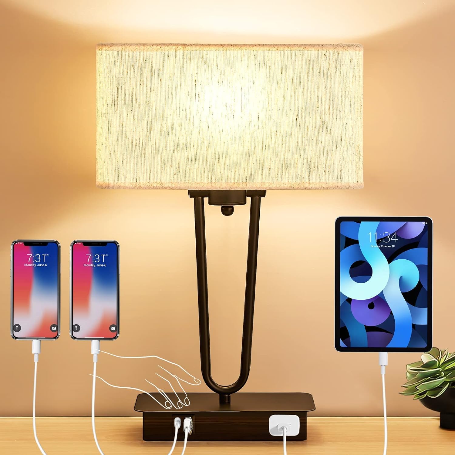 Yarra-Decor Bedside Touch Control Table Lamp Nightstand Lamp with USB A C Charging Ports & AC Outlet 3-Way Dimmable Desk Lamp with Fabric Shade for Bedroom Living Room(Bulb Included)