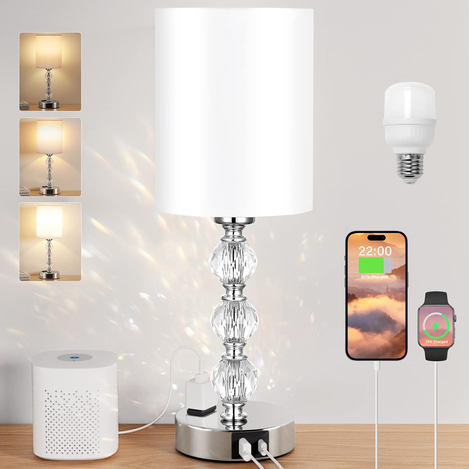 Touch Bedside Crystal Lamps for Bedrooms Nightstand with USB C+A Charging Port and AC Outlet White, 3 Way Dimmable Silver Small End Side Table Lamp for Living/Guest/Dinning Room/Kitchen