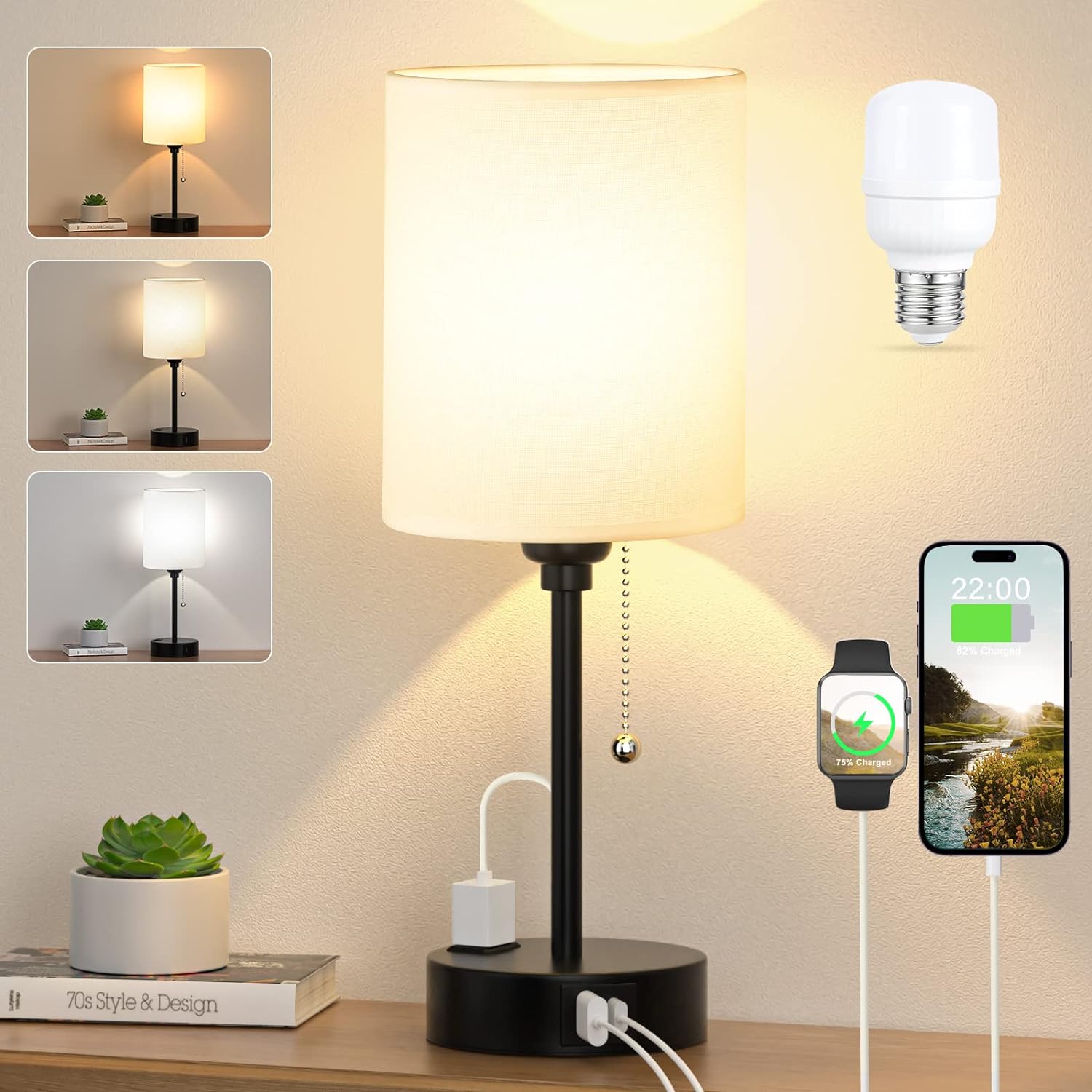 Small Bedroom Lamps with USB C and A Ports 3 Color Temperatures - 2700K 3500K 5000K Pull Chain White Nightstand Bedside Table Lamps with AC Outlet, Metal Base for Kids Reading