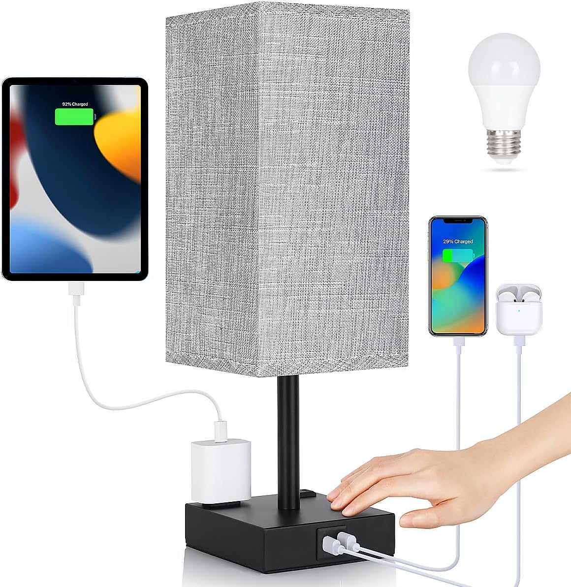 Bedside Lamp with USB Ports - Touch Control Table Lamp for Bedroom with USB C+A Charging Ports & AC Outlets, 3 Way Dimmable Nightstand Light for Living Room (LED Bulb Included, Grey)