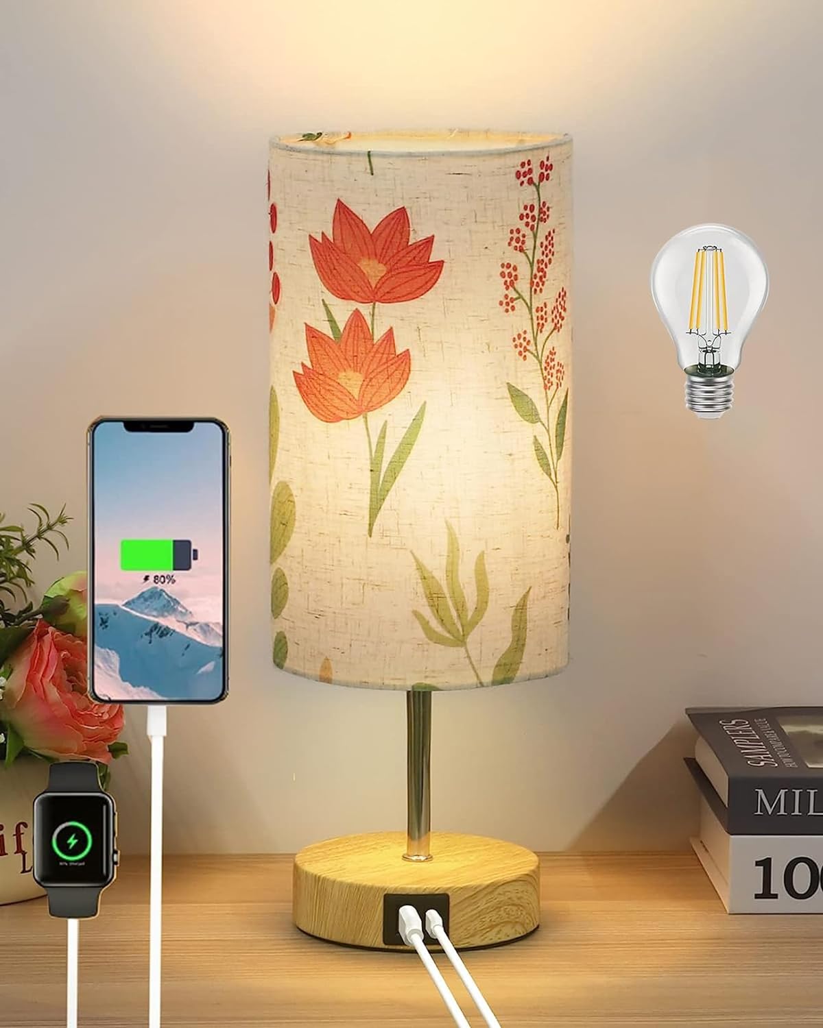 Touch Bedside Lamp with Two USB Charging Ports - Three-Way Adjustable Brightness Table Lamp with Patterned Linen Shade, Suitable for Living Room, Dormitory, Home Office (Including LED Bulb)