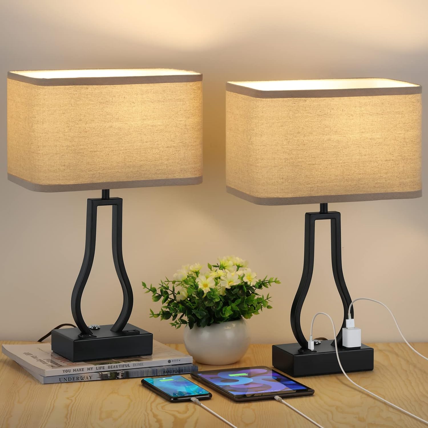 Touch Control Table Lamps Set of 2, 3-Way Dimmable Bedside Nightstand Lamps with Dual USB Ports and 2-Prong AC Outlet for Bedroom Living Room Dorm Office, Bulbs Included