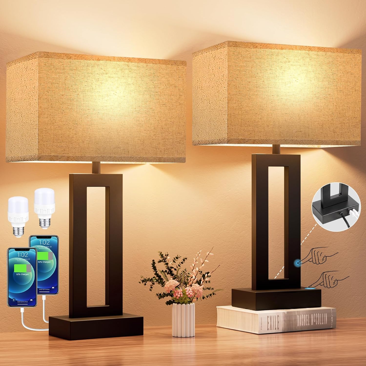 Seealle Bedroom Lamps for Night Stands - Touch Control, 3 Way Dimmable, USB C A Charging, LED Bulbs, Easy Assembly