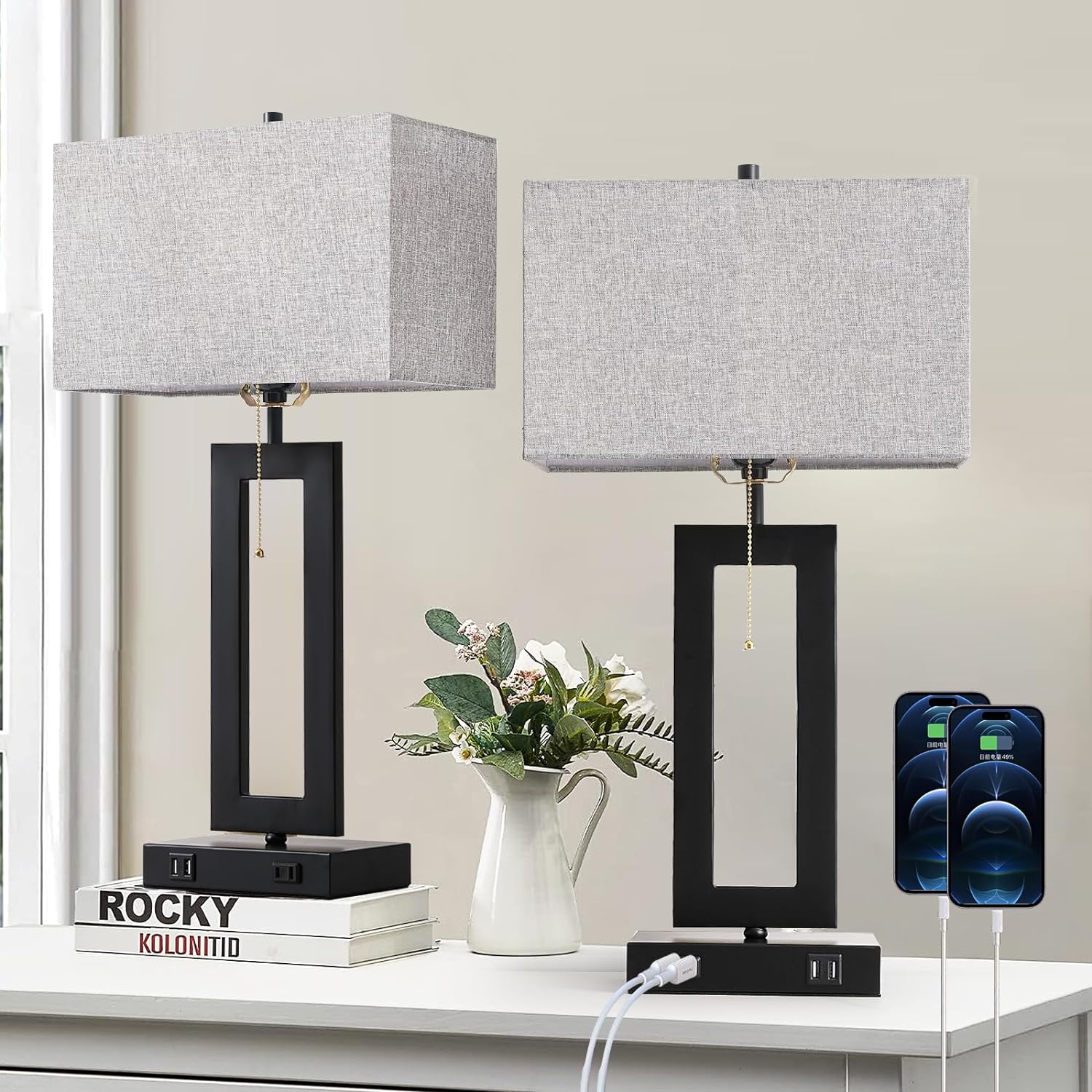 Set of 2 Industrial Table Lamps with 2 USB Ports&AC Outlet, 22.5 Modern Black Bedroom Nightstand Lamps, Gray Bedside End Table Lamps for Living Room Office Hotel, Fabric Lampshade&Pull Chain