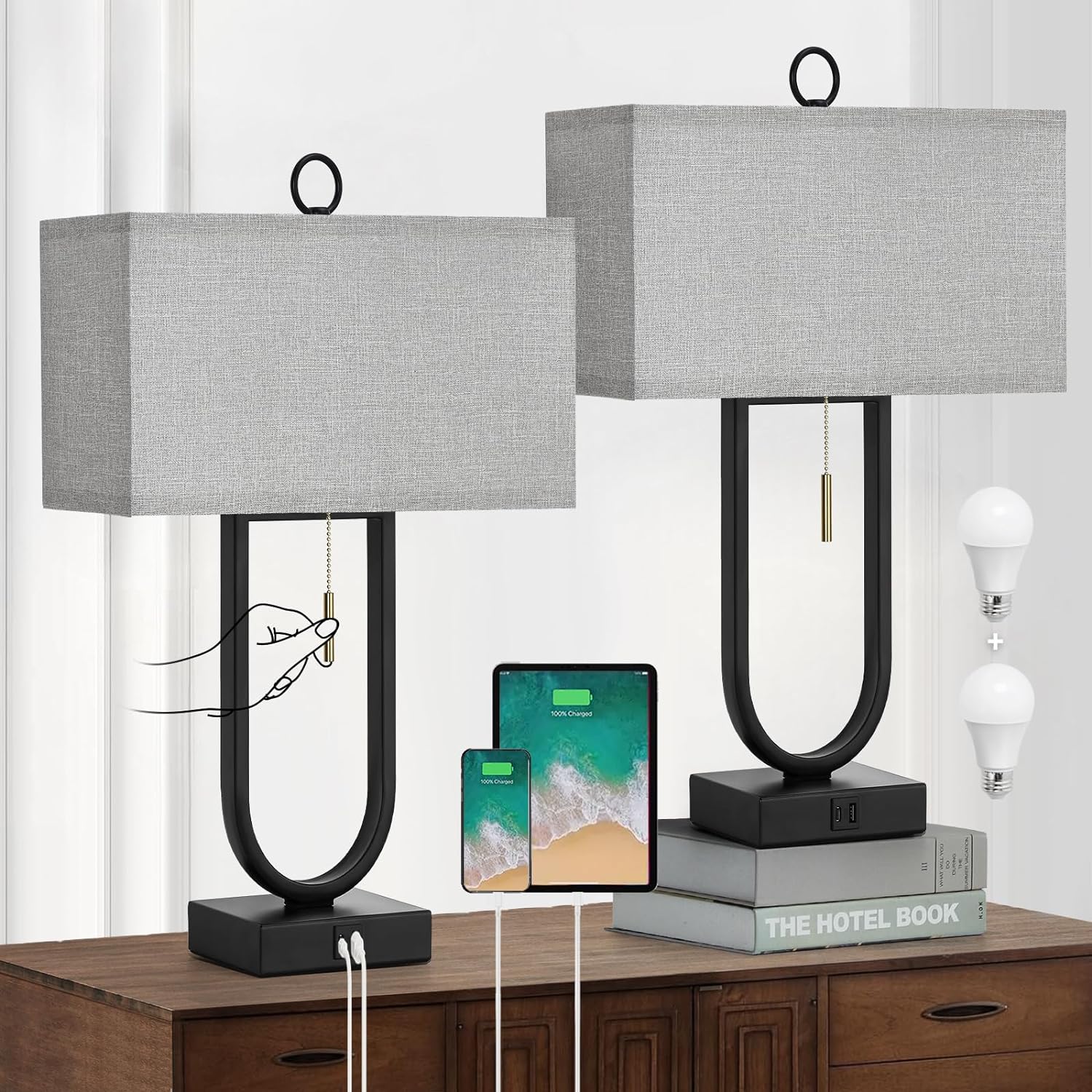 Luvkczc Bedside Lamps Set of 2, Table Lamp Nightstand with Two 3000K LED Bulbs, USB C+A Ports, Linen Lampshade, Modern Desk Reading Lamp for Bedroom, Living Room,Grey