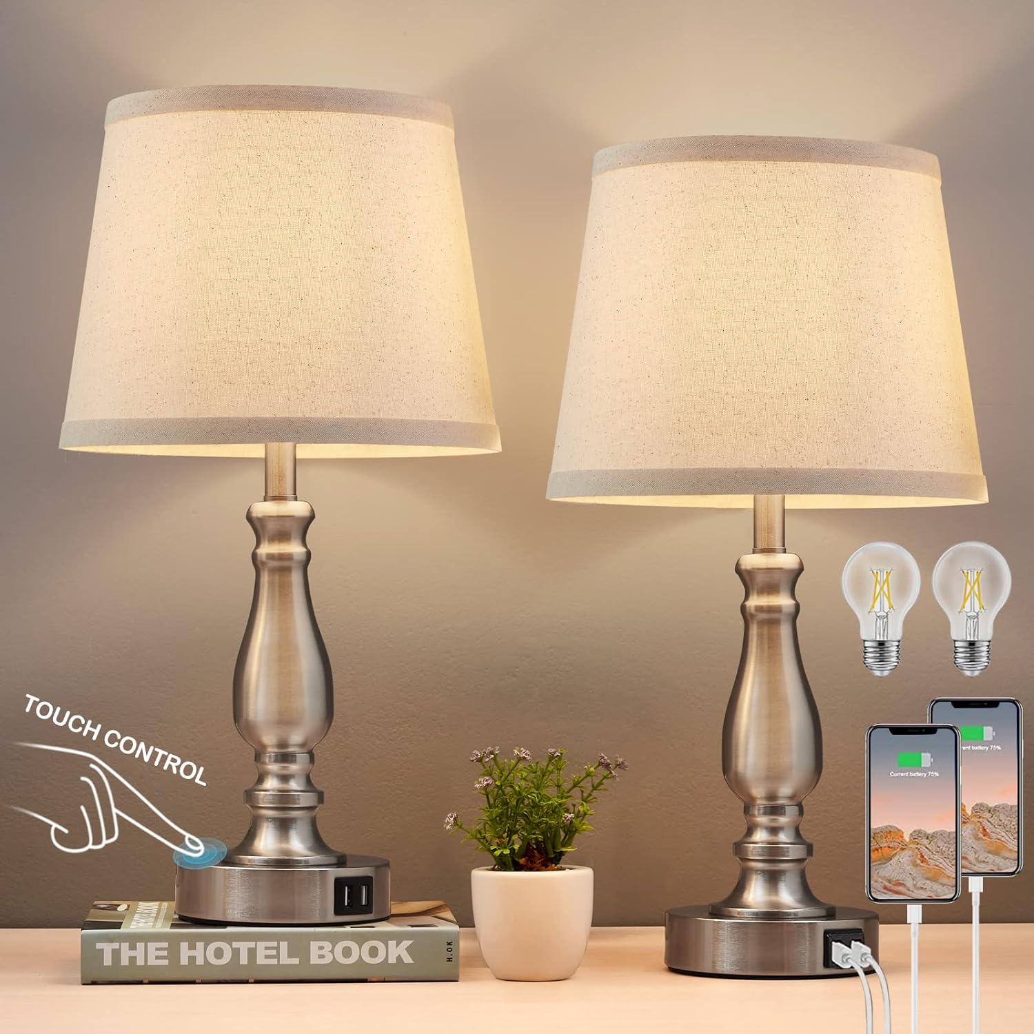 Lamps for Bedrooms Set of 2, Brushed Nickel Bedside Lamps with USB Ports, 3 Way Dimmable Nightstand Lamps with Fabric Linen Lampshade, Touch Table Lamp for Living Room Bedroom Office, Bulbs Included