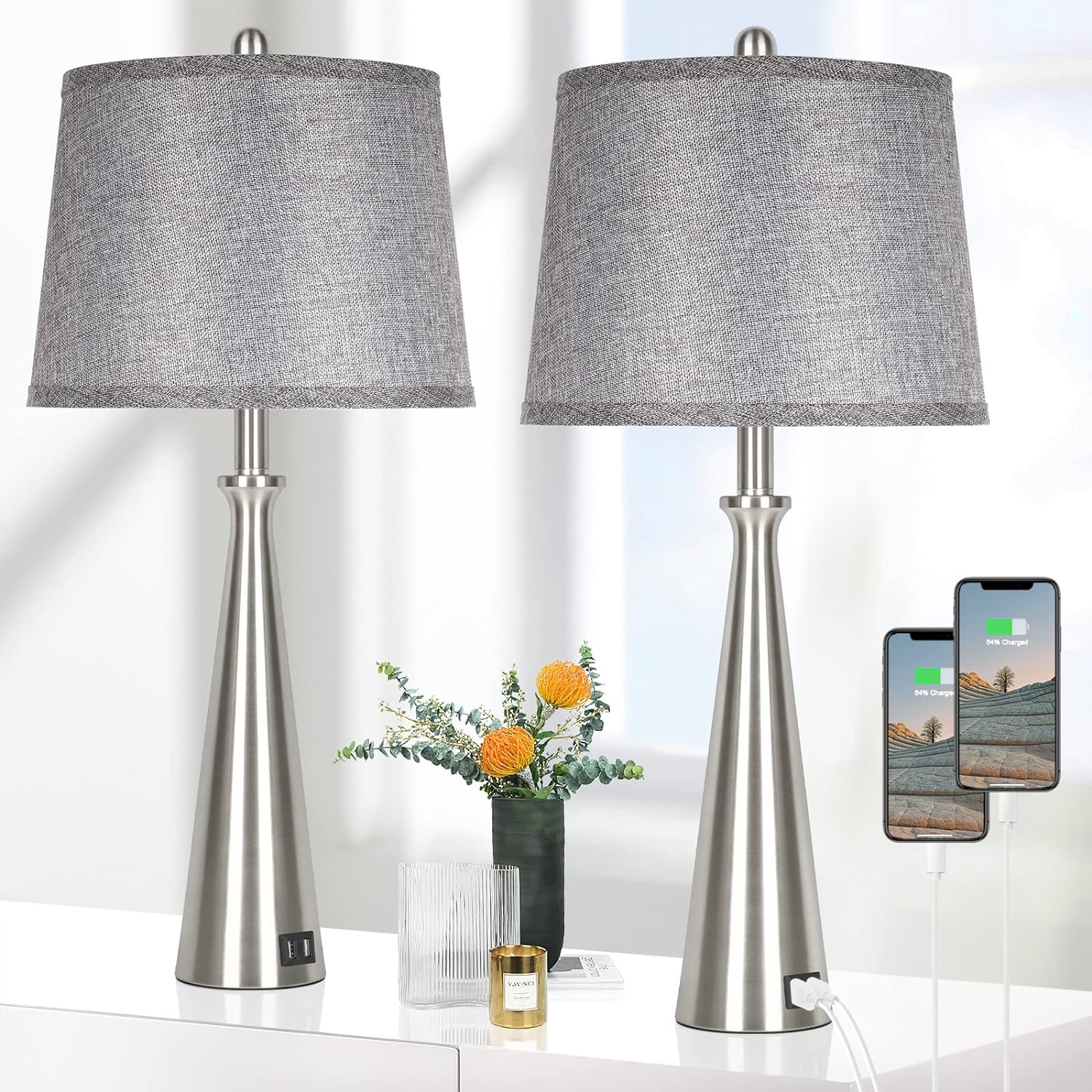 Set of 2 Table Lamps with 2 USB Charging Ports, Silver Beside Lamp with Grey Shade, 26.4Tall Nickel Nightstand Lamp with Rotary Switch, Desk Lamp with E26 Edison Socket for Living Room Bedroom Office