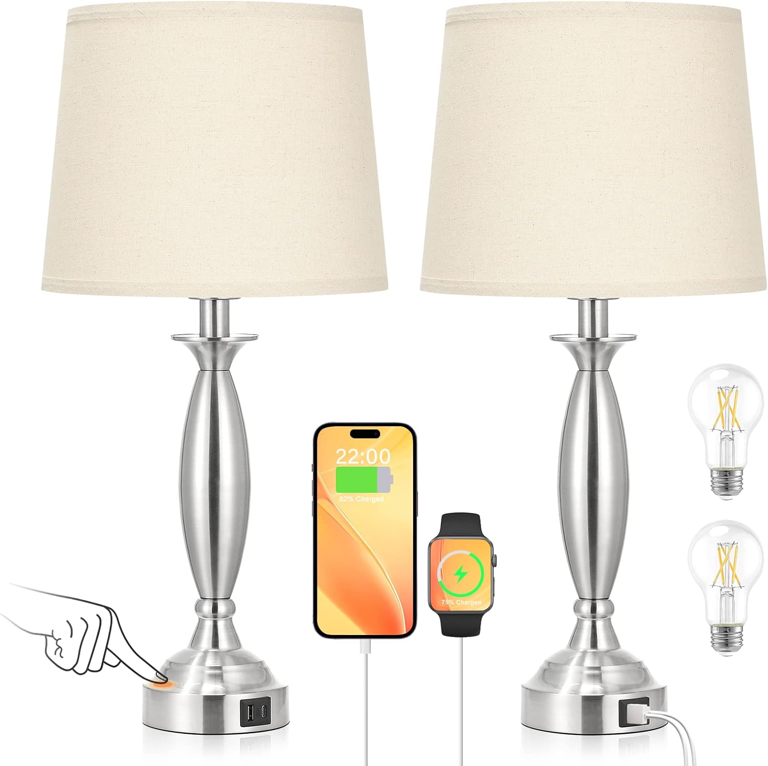 Beige Lamps for Bedrooms Set of 2 - Touch Control Bedside Lamp with USB C+A, 3 Way Dimmable Nightstand Lamps with USB Port, Table Lamp for Living Room(Beige Shade and Nickel Base)