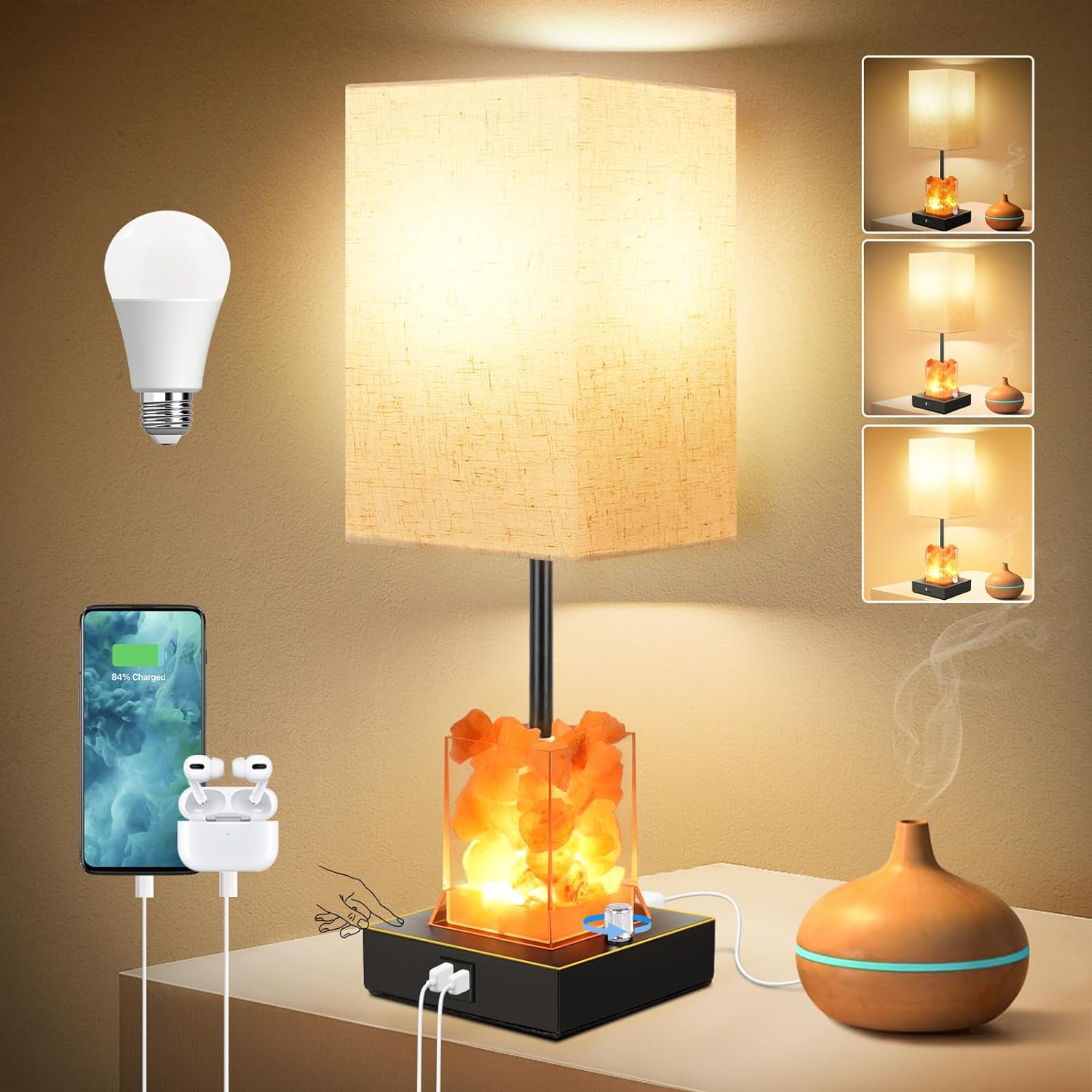 Dott Arts Touch Table Lamps with USB Ports, 3-Way Dimmable Bedside Nightstand Lamp with Salt Lamp,Table Lamps for Living Room Bedrooms Reading Room,Bulbs Included